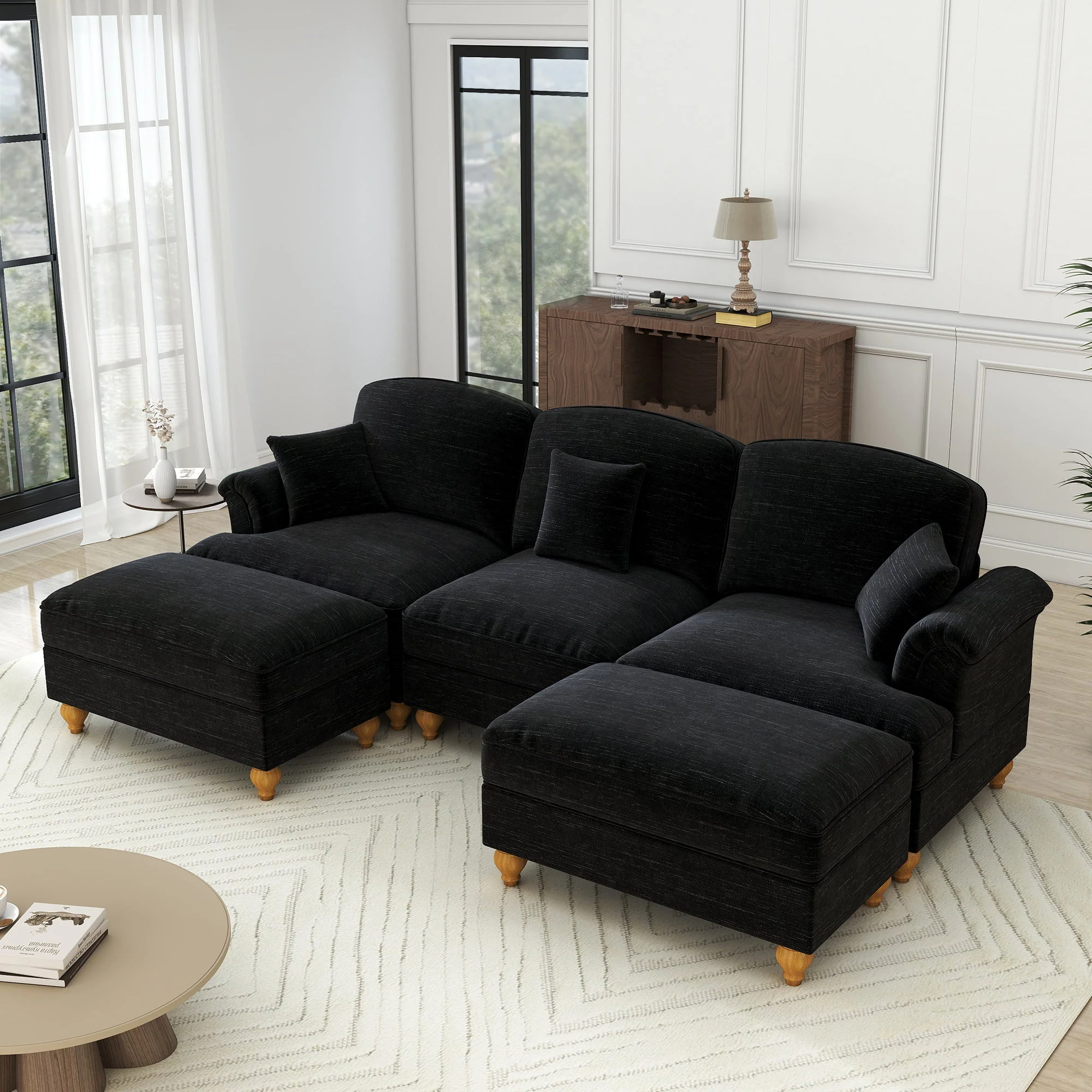Modular U-Shaped Sofa Movable Ottoman Ruffled Apron Chenille Black - Image 5