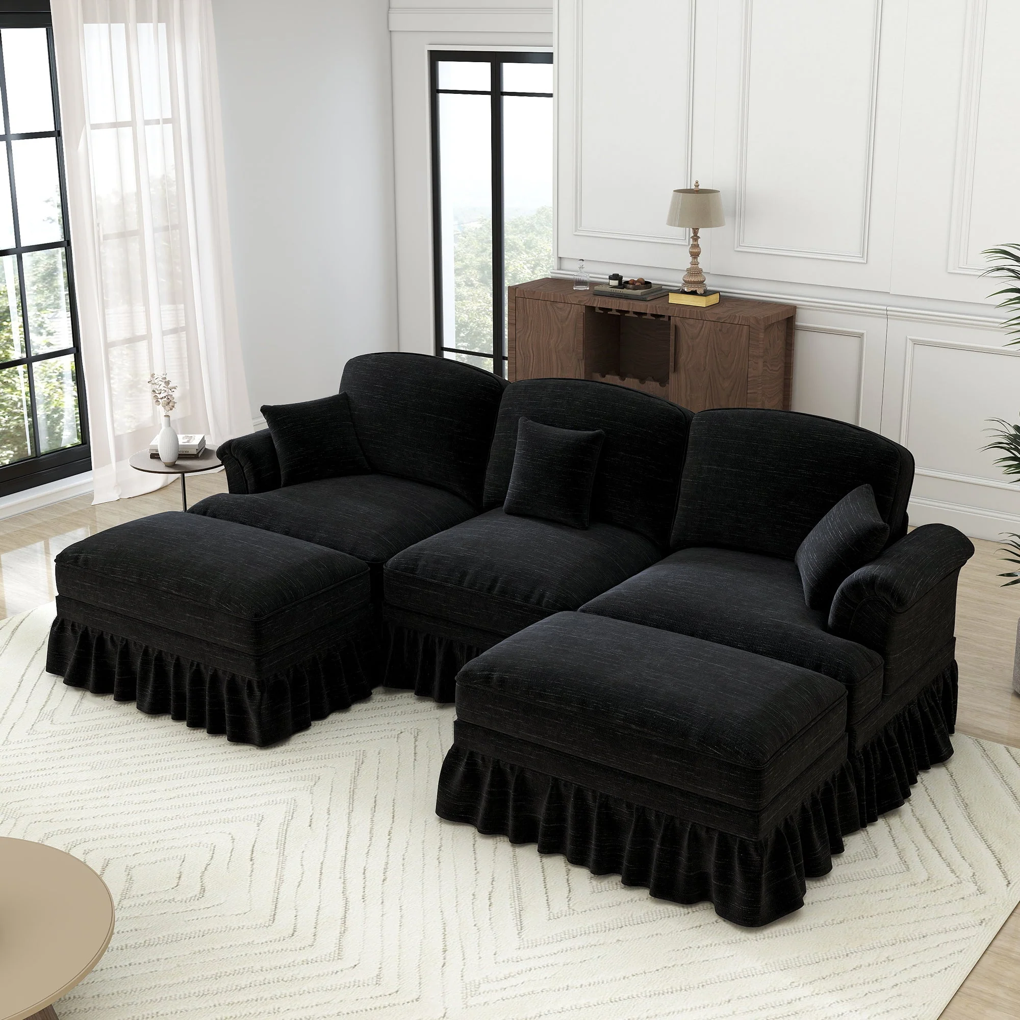 Modular U-Shaped Sofa Movable Ottoman Ruffled Apron Chenille Black - Image 6
