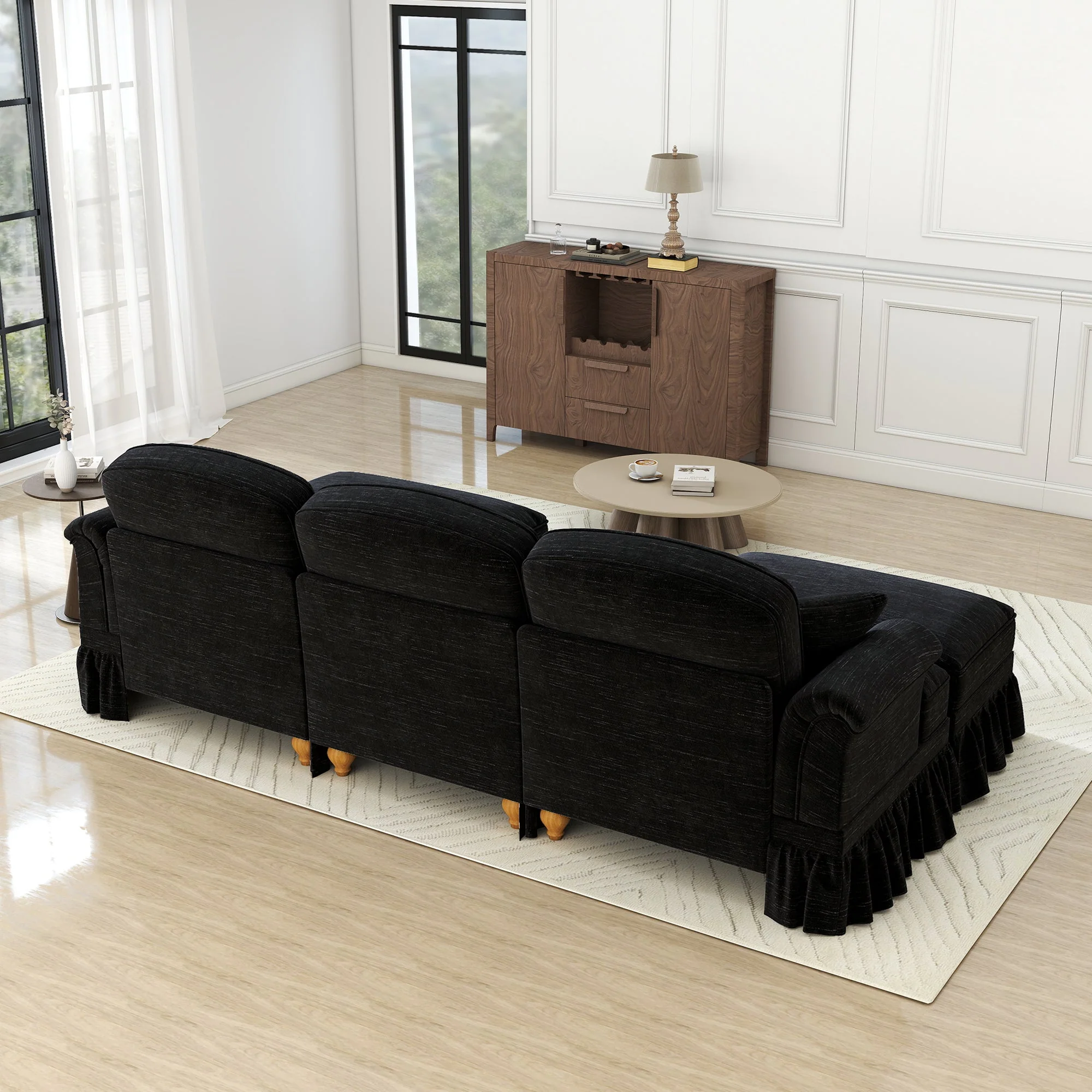 Modular U-Shaped Sofa Movable Ottoman Ruffled Apron Chenille Black - Image 7