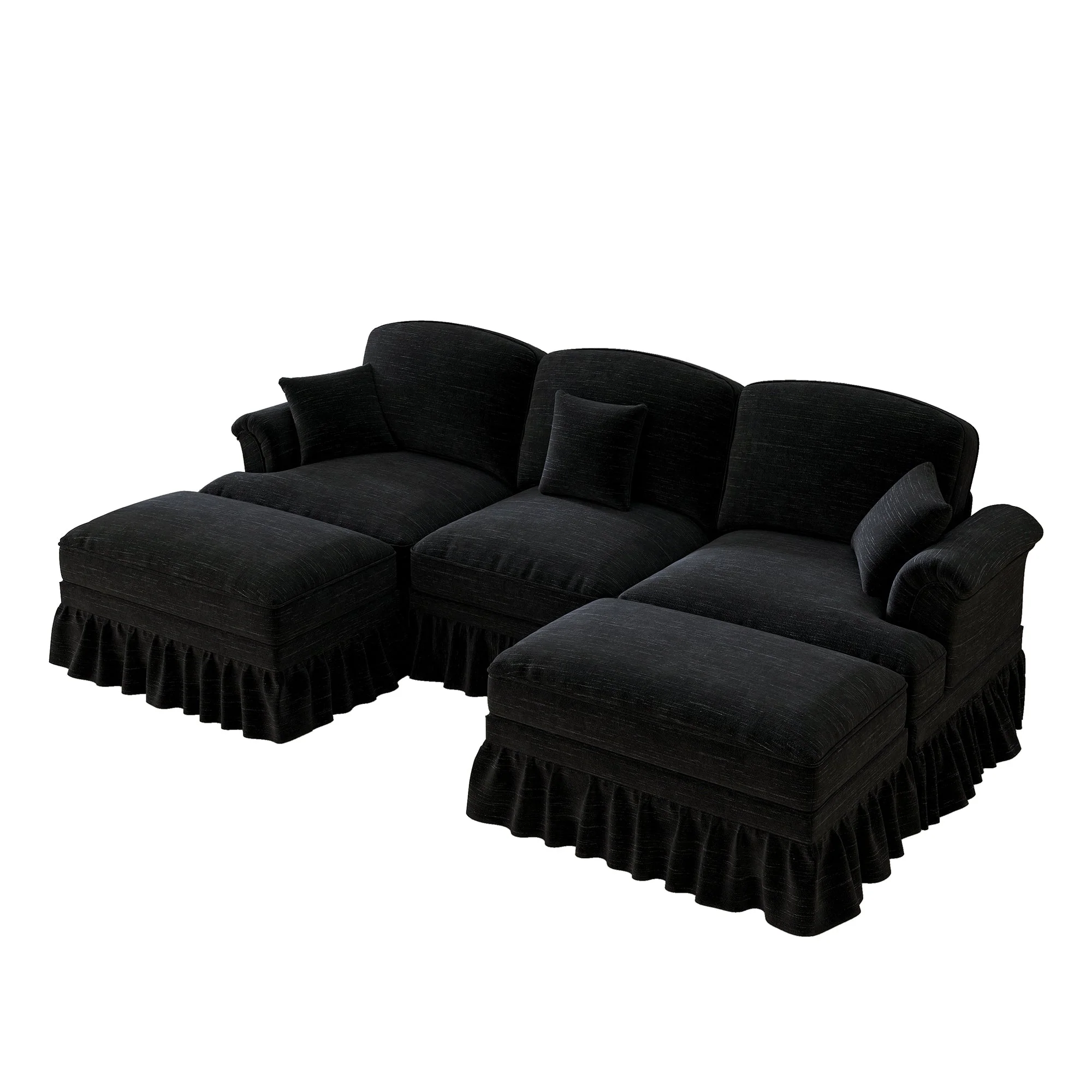 Modular U-Shaped Sofa Movable Ottoman Ruffled Apron Chenille Black - Image 9