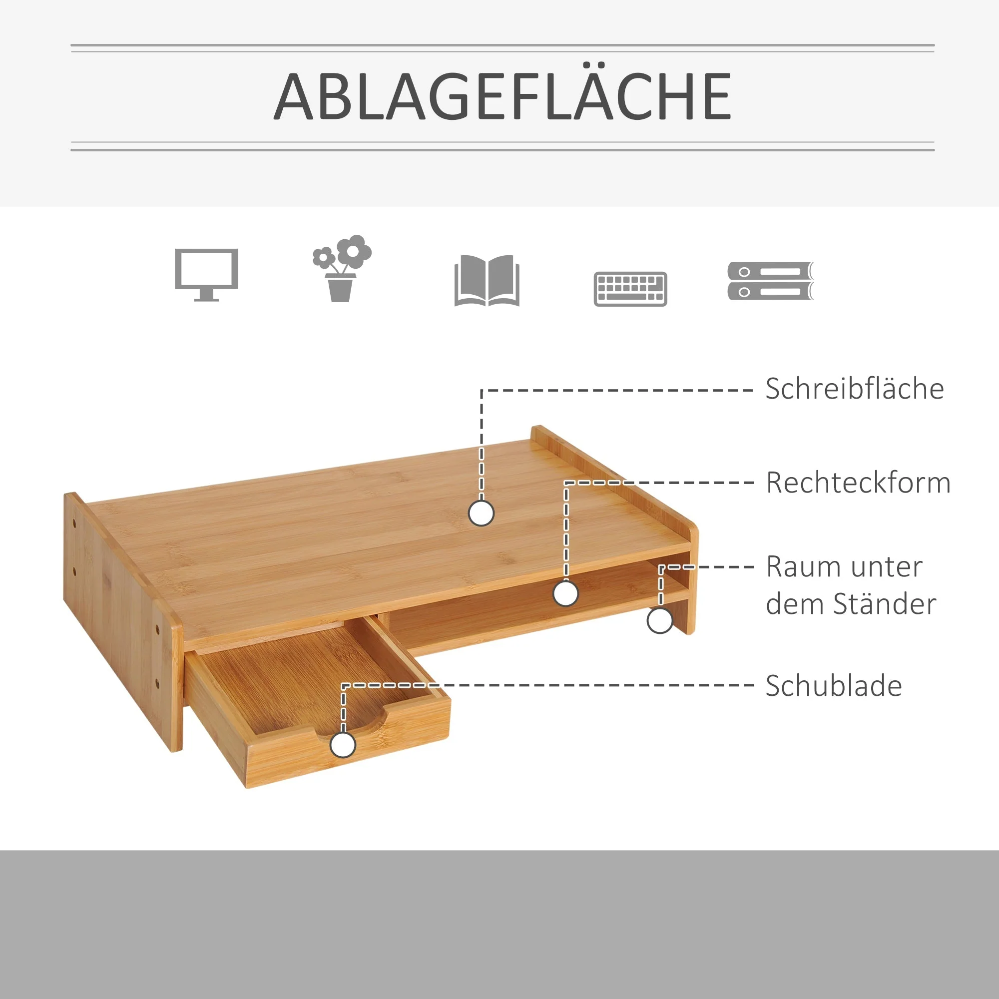Monitor Stand Screen Desk Organizer with Drawers, Natural Bamboo - Image 4