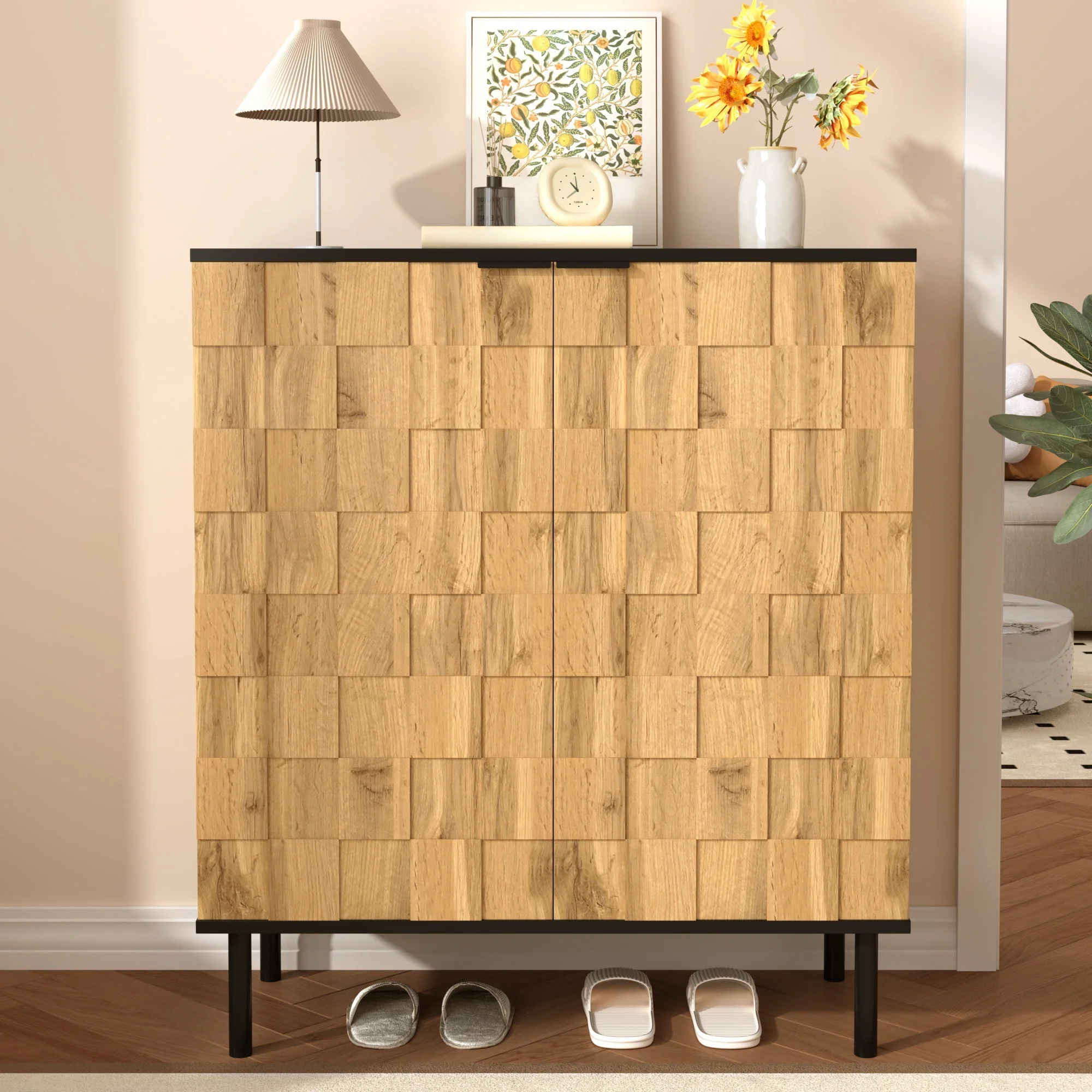Mosaic Shoe Cabinet with 2 Doors and Adjustable Compartments, Wood Look Chipboard - Image 7