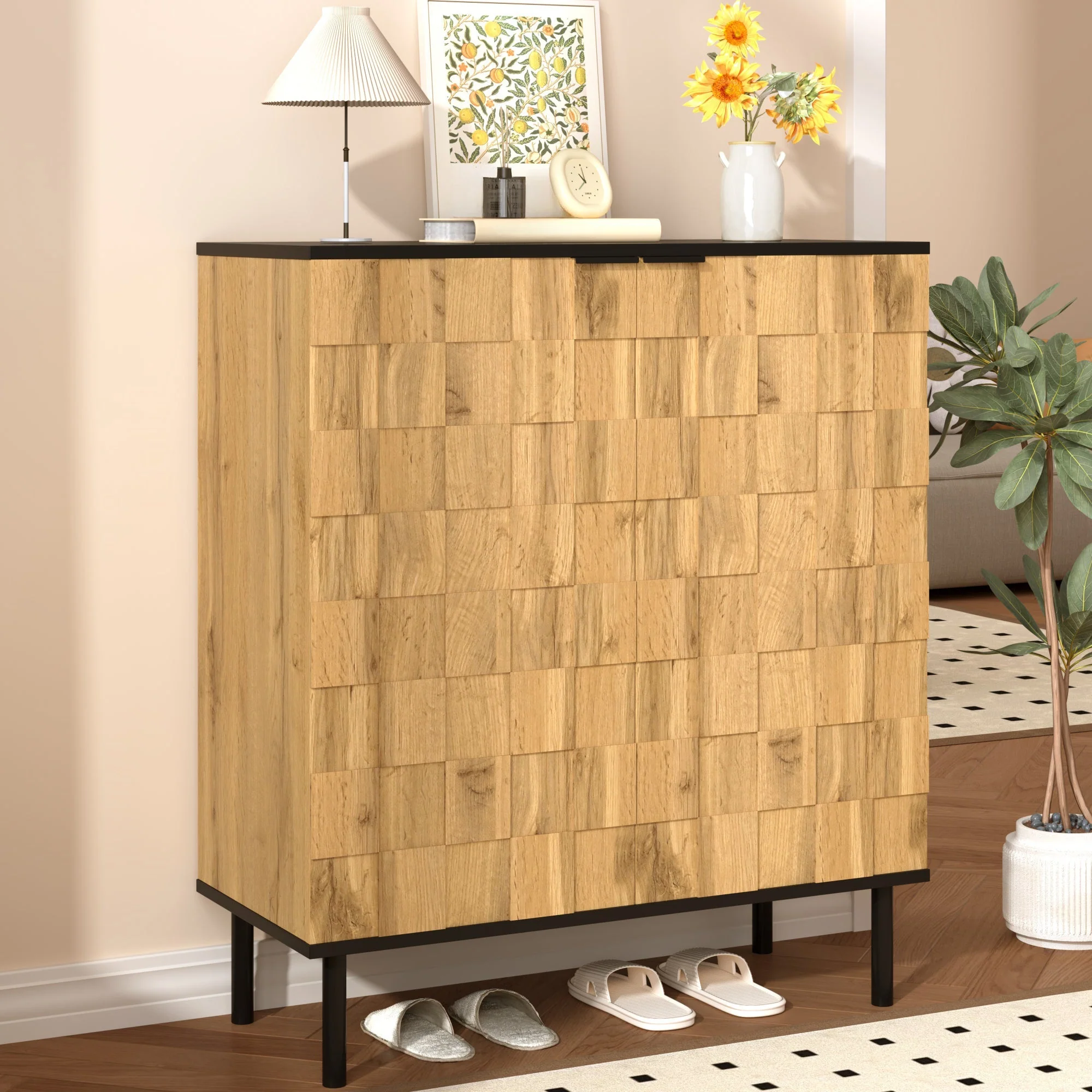 Mosaic Shoe Cabinet with 2 Doors and Adjustable Compartments, Wood Look Chipboard - Image 9