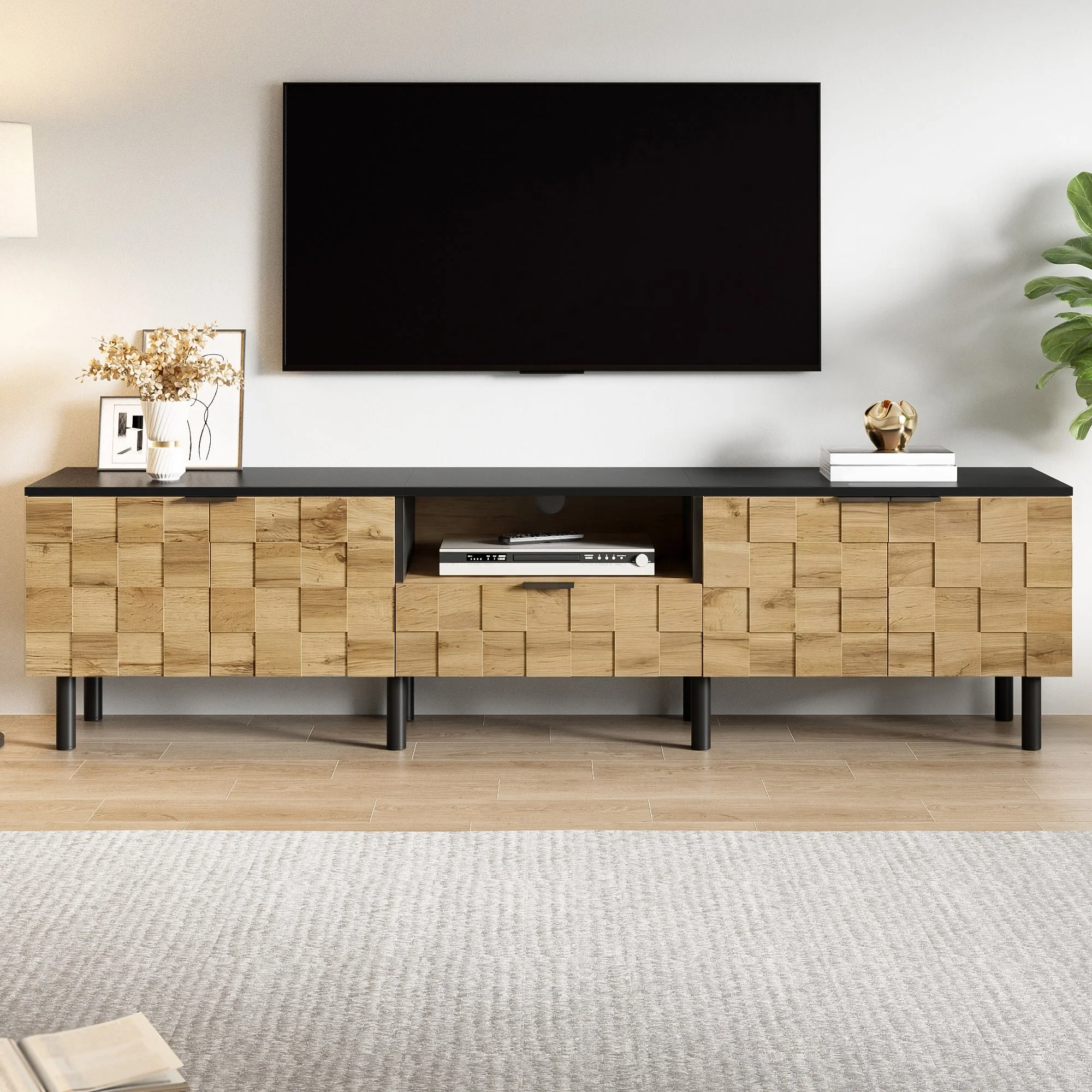 Mosaic TV Cabinet with 2-Door Drawer and Open Compartment, Wood Look Chipboard