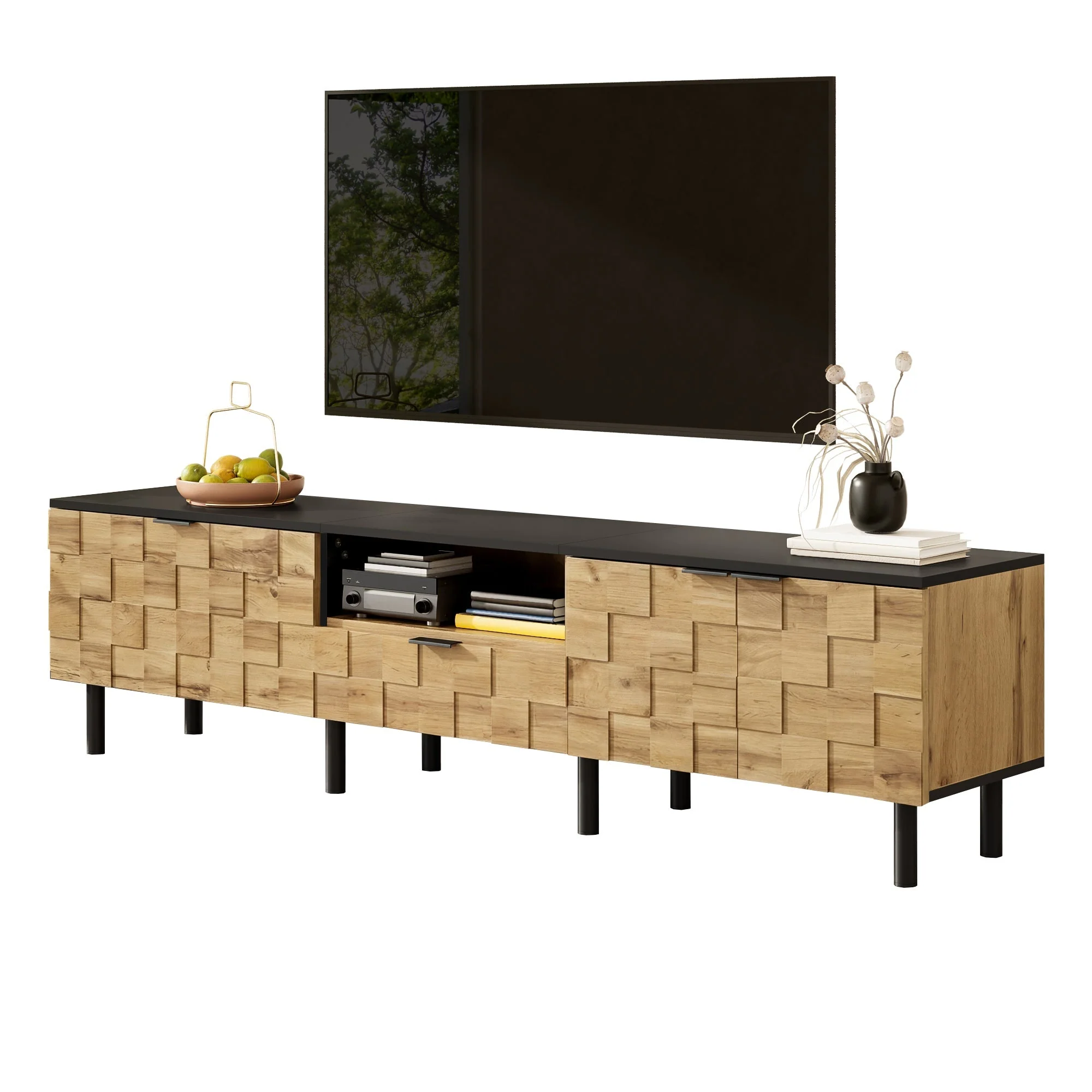 Mosaic TV Cabinet with 2-Door Drawer and Open Compartment, Wood Look Chipboard - Image 2