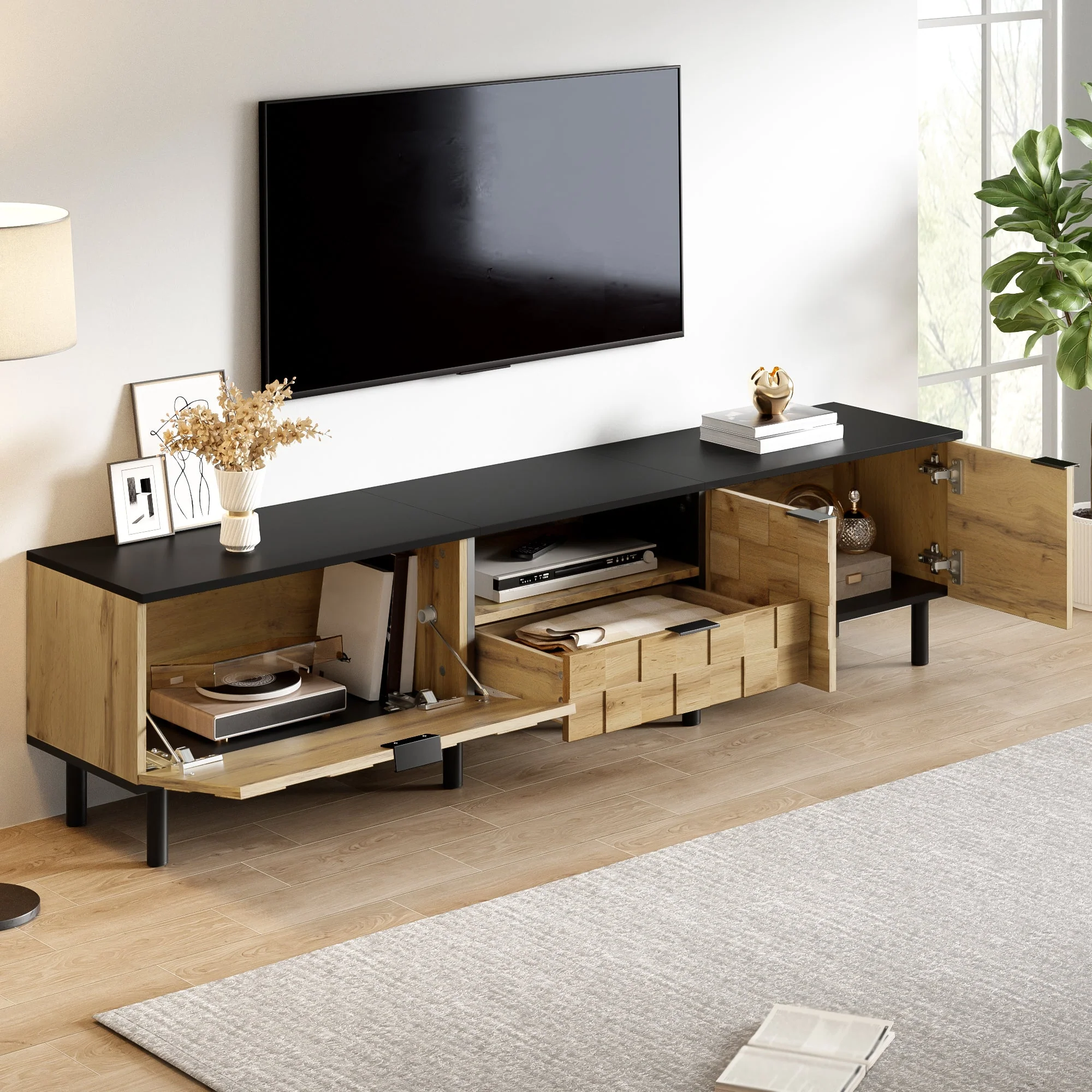 Mosaic TV Cabinet with 2-Door Drawer and Open Compartment, Wood Look Chipboard - Image 3