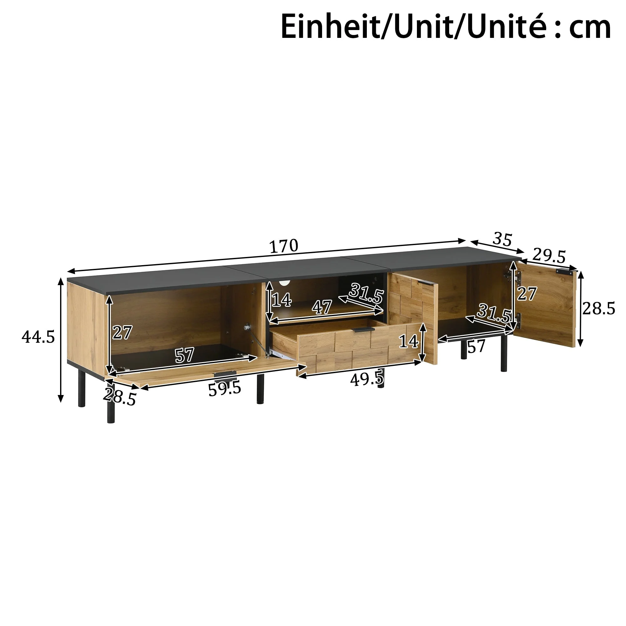Mosaic TV Cabinet with 2-Door Drawer and Open Compartment, Wood Look Chipboard - Image 4