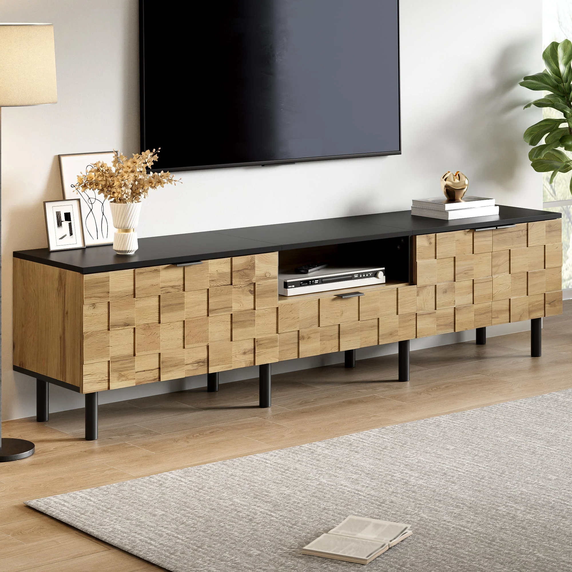 Mosaic TV Cabinet with 2-Door Drawer and Open Compartment, Wood Look Chipboard - Image 5