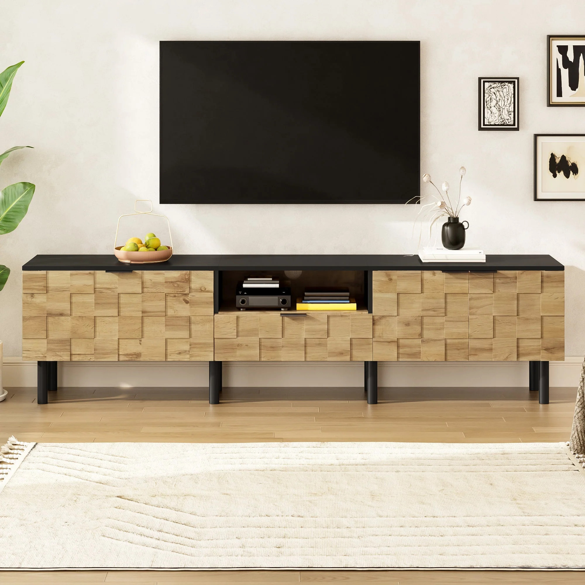 Mosaic TV Cabinet with 2-Door Drawer and Open Compartment, Wood Look Chipboard - Image 6