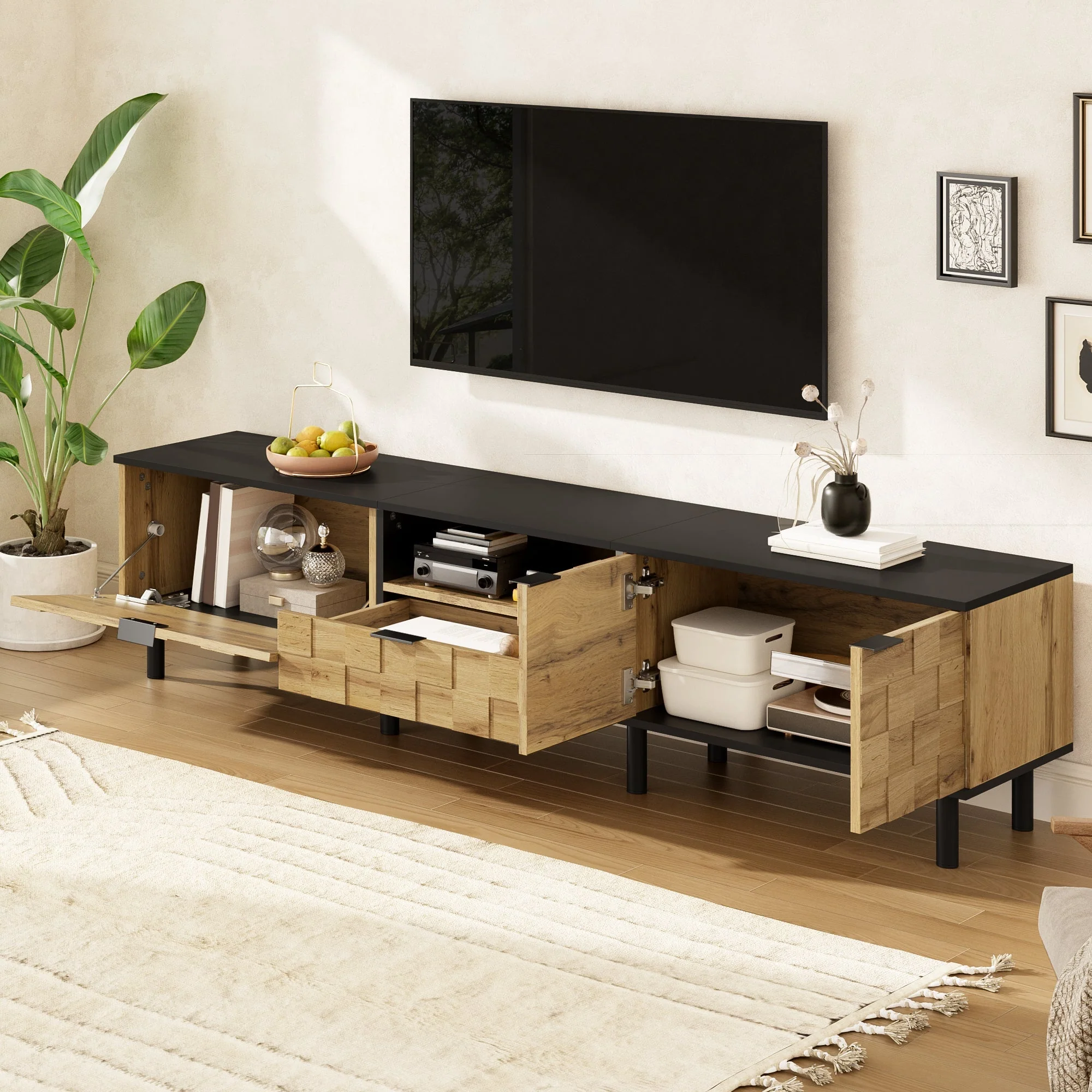 Mosaic TV Cabinet with 2-Door Drawer and Open Compartment, Wood Look Chipboard - Image 7