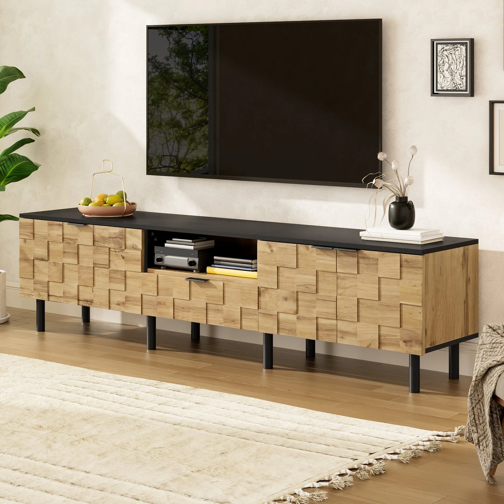 Mosaic TV Cabinet with 2-Door Drawer and Open Compartment, Wood Look Chipboard - Image 8