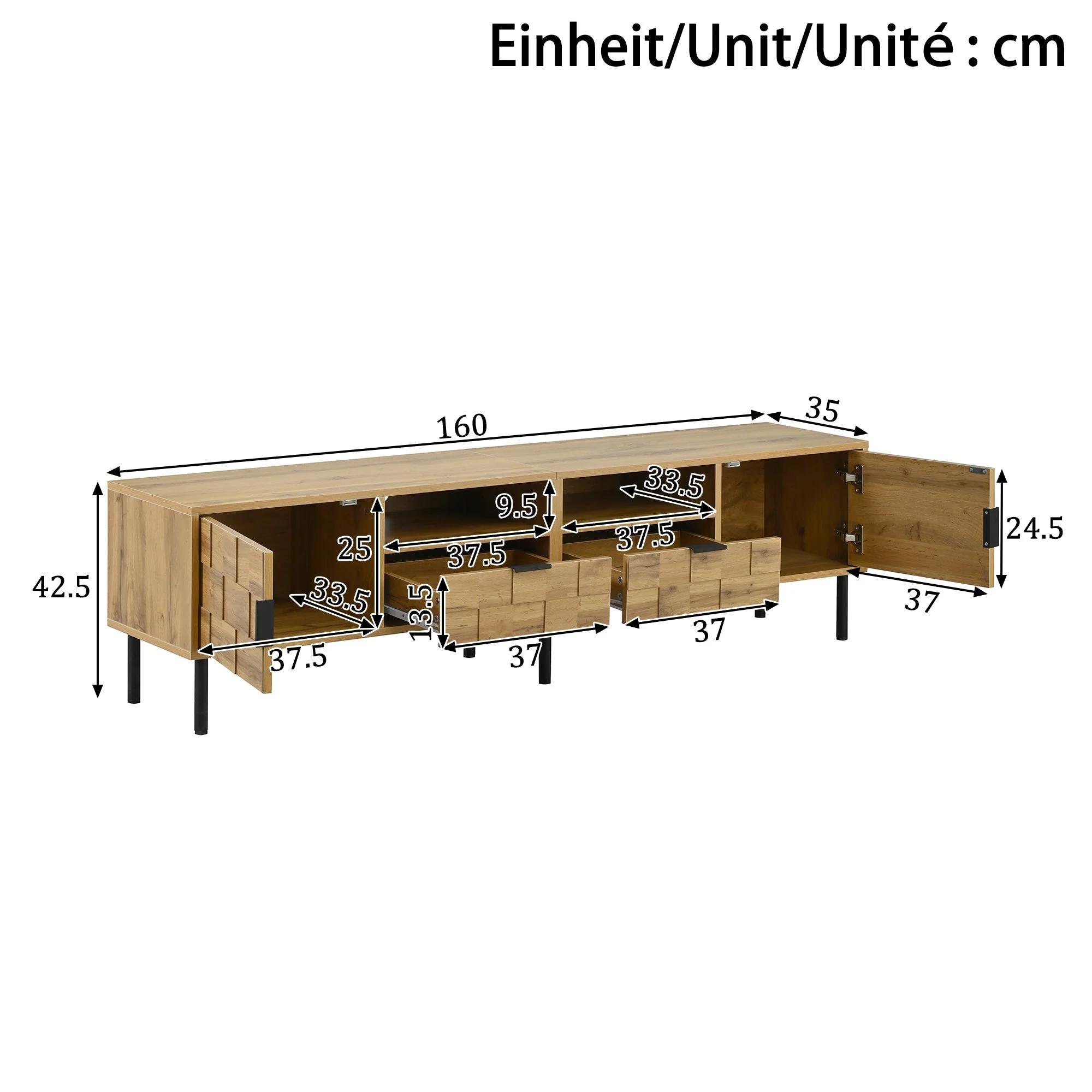 Mosaic TV Cabinet with 2 Doors, 2 Drawers and 2 Open Shelves, Wood Look Chipboard and Metal - Image 3