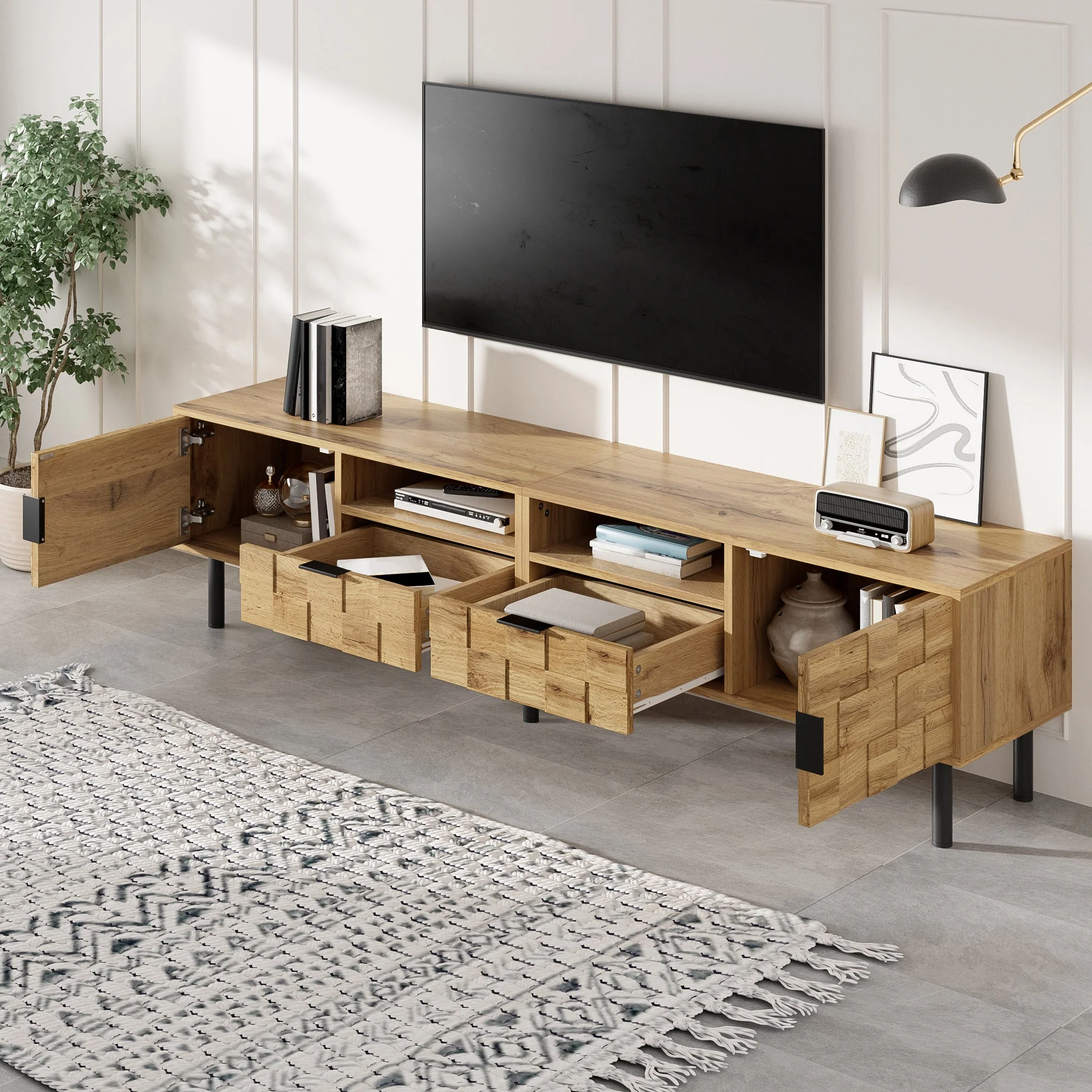 Mosaic TV Cabinet with 2 Doors, 2 Drawers and 2 Open Shelves, Wood Look Chipboard and Metal - Image 4