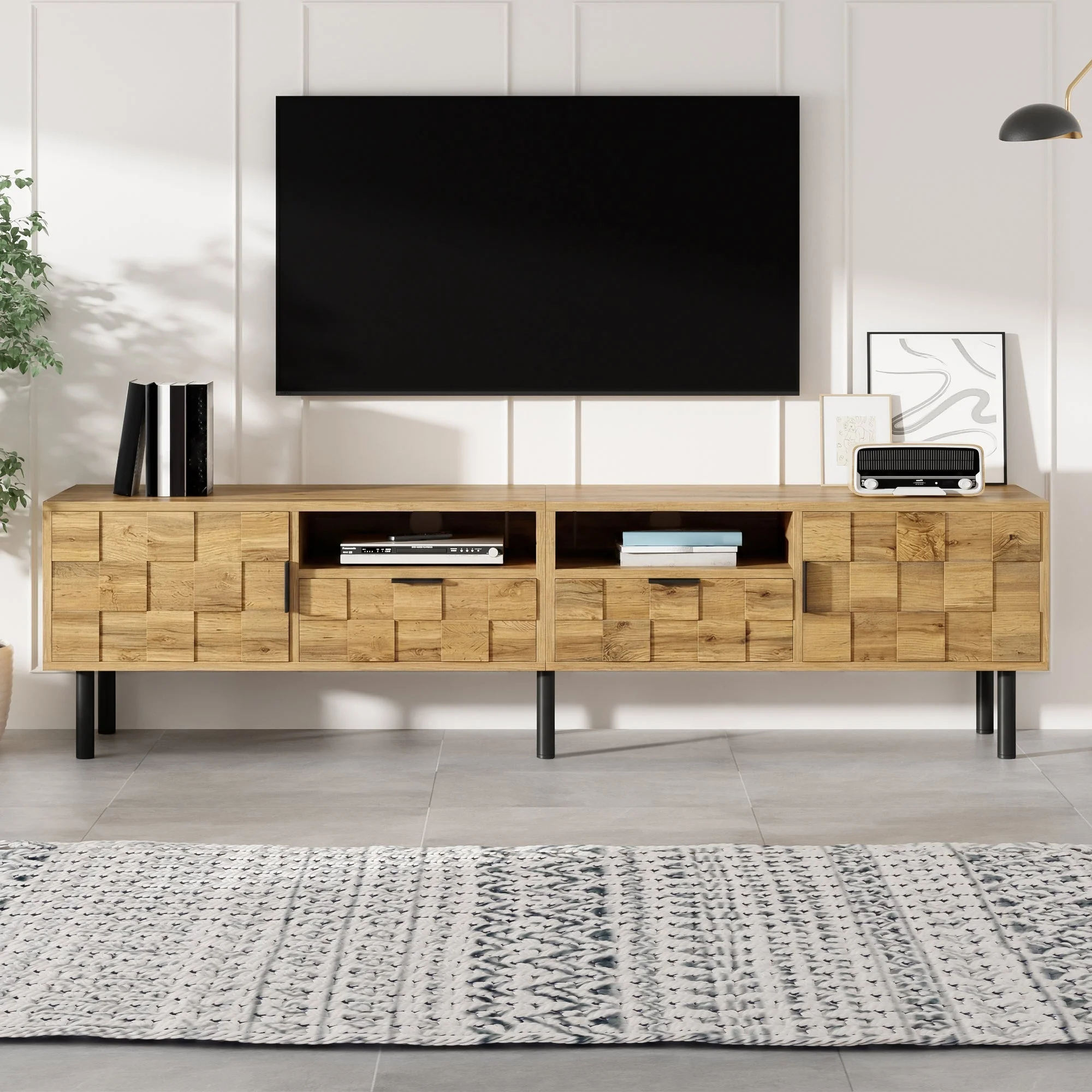 Mosaic TV Cabinet with 2 Doors, 2 Drawers and 2 Open Shelves, Wood Look Chipboard and Metal - Image 5
