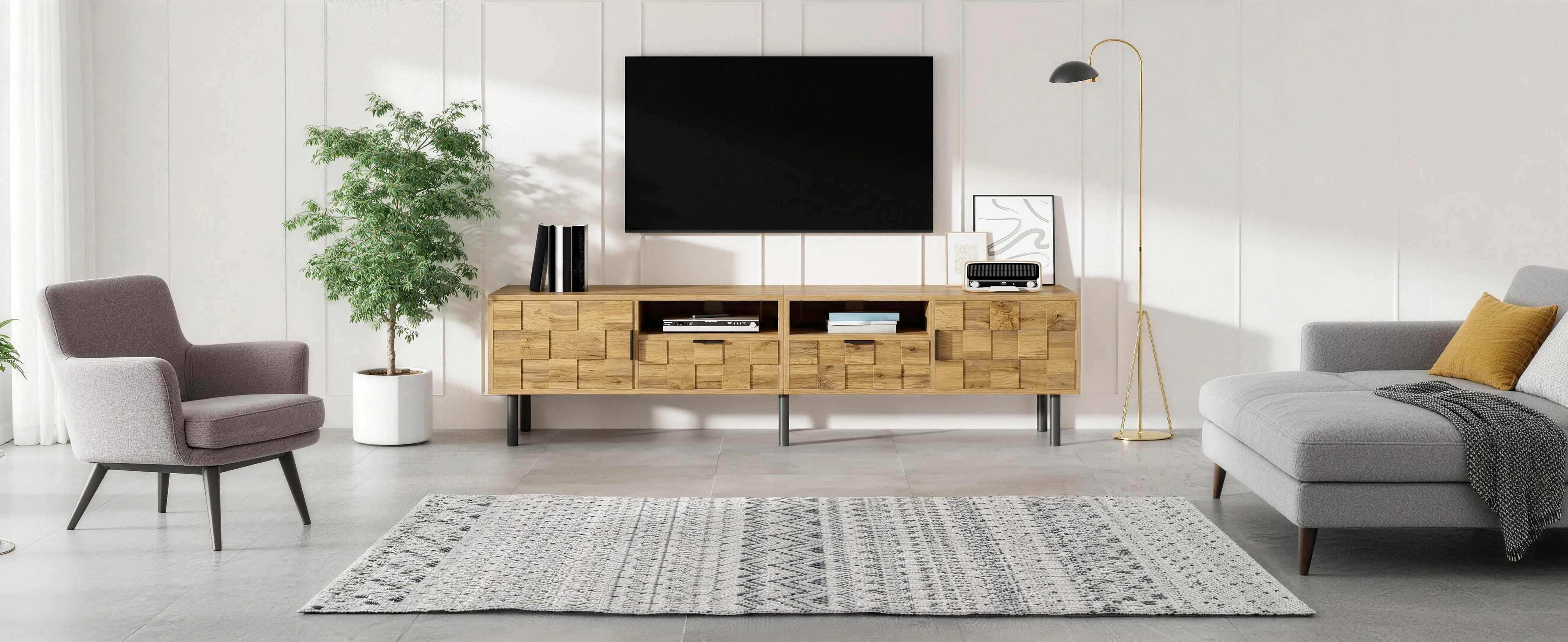 Mosaic TV Cabinet with 2 Doors, 2 Drawers and 2 Open Shelves, Wood Look Chipboard and Metal - Image 6