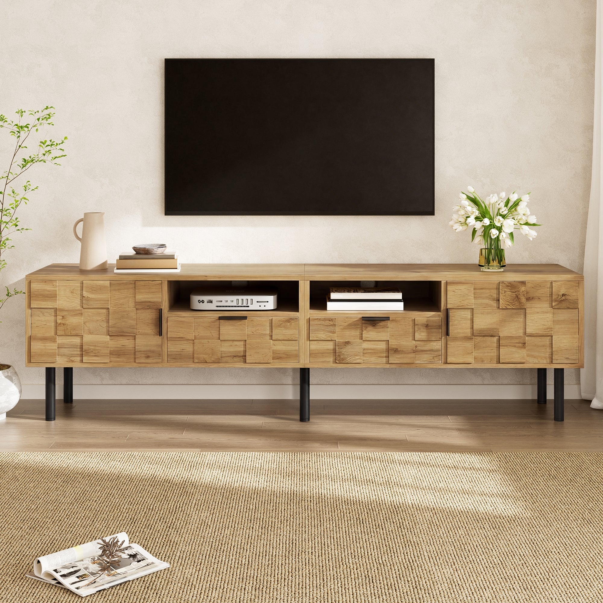 Mosaic TV Cabinet with 2 Doors, 2 Drawers and 2 Open Shelves, Wood Look Chipboard and Metal - Image 7