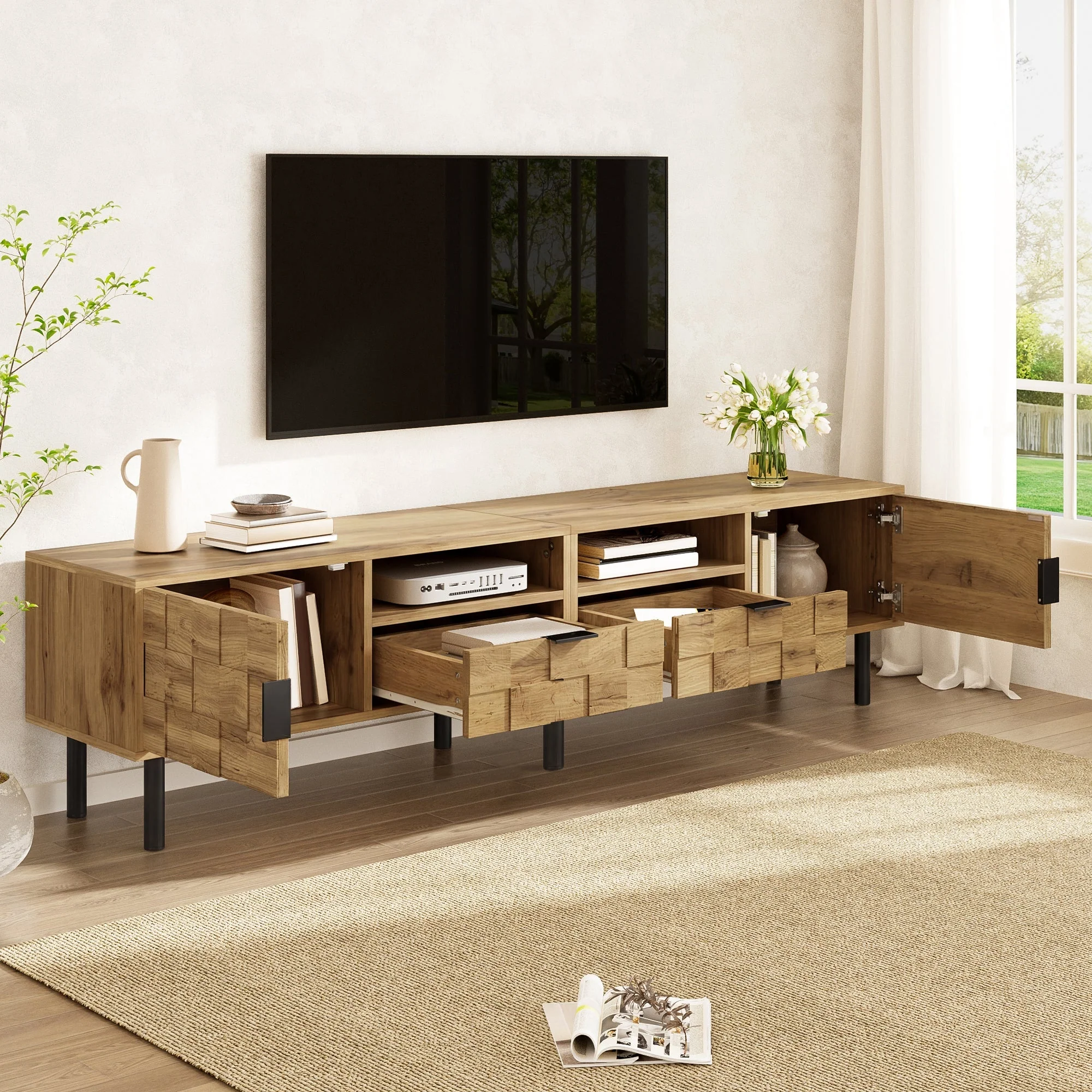 Mosaic TV Cabinet with 2 Doors, 2 Drawers and 2 Open Shelves, Wood Look Chipboard and Metal - Image 8
