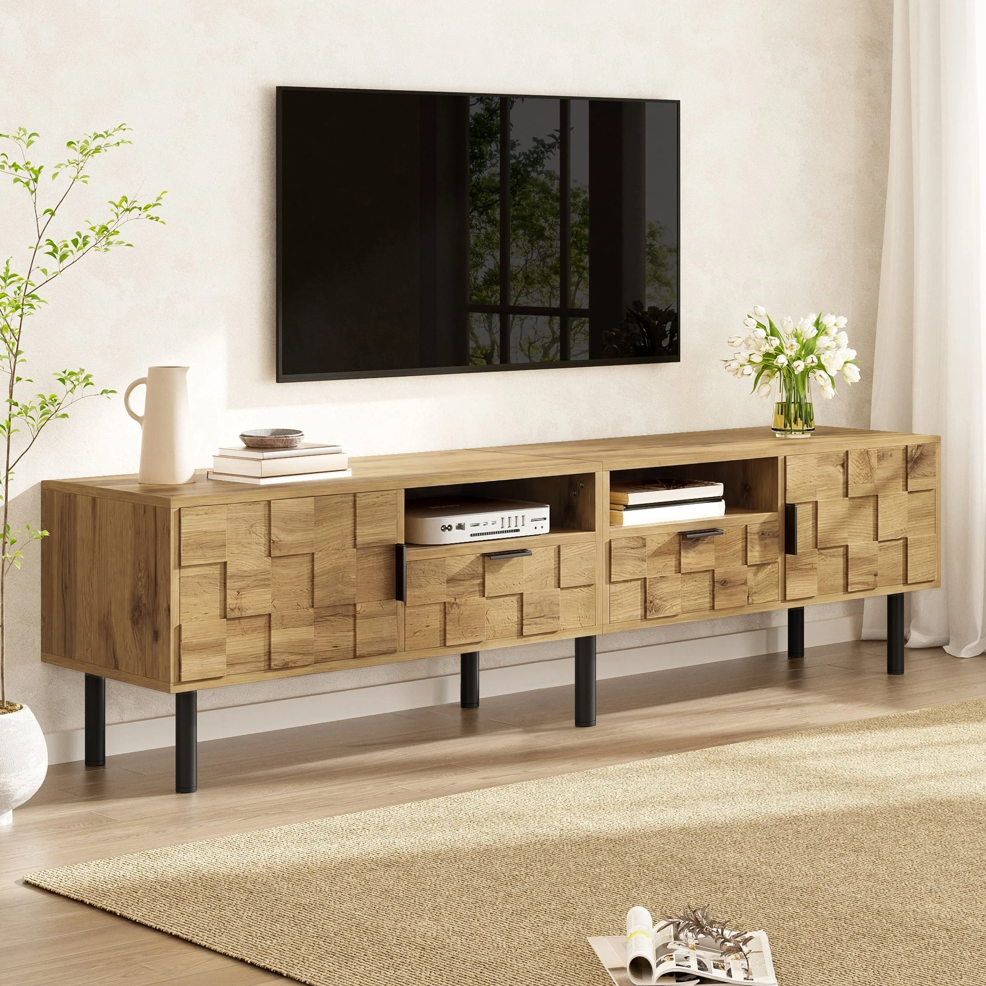 Mosaic TV Cabinet with 2 Doors, 2 Drawers and 2 Open Shelves, Wood Look Chipboard and Metal - Image 9