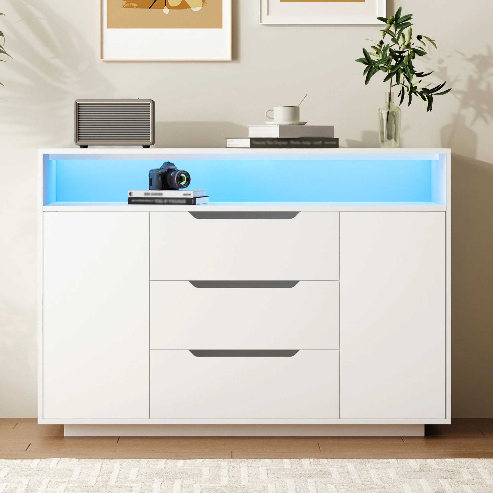 Multi-functional Cabinet with Open Shelving, Three Drawers and Side Doors, Matte White - Image 9
