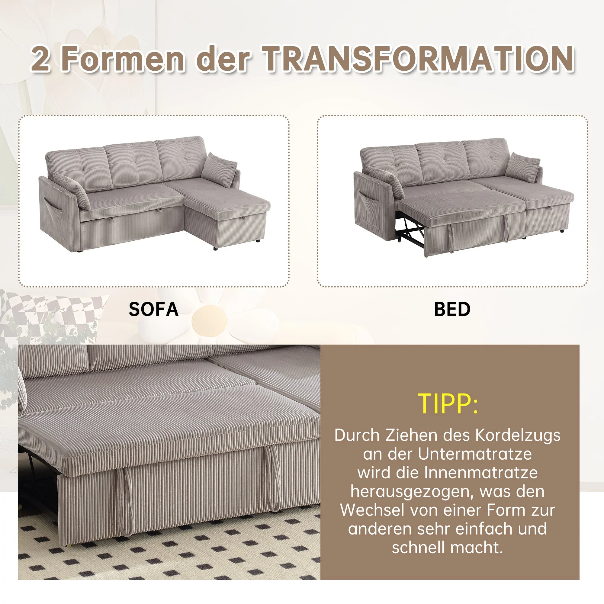 Multi-functional Sofa Bed, Modular L-Shaped Sectional with Storage and Pull-out Bed - Image 5