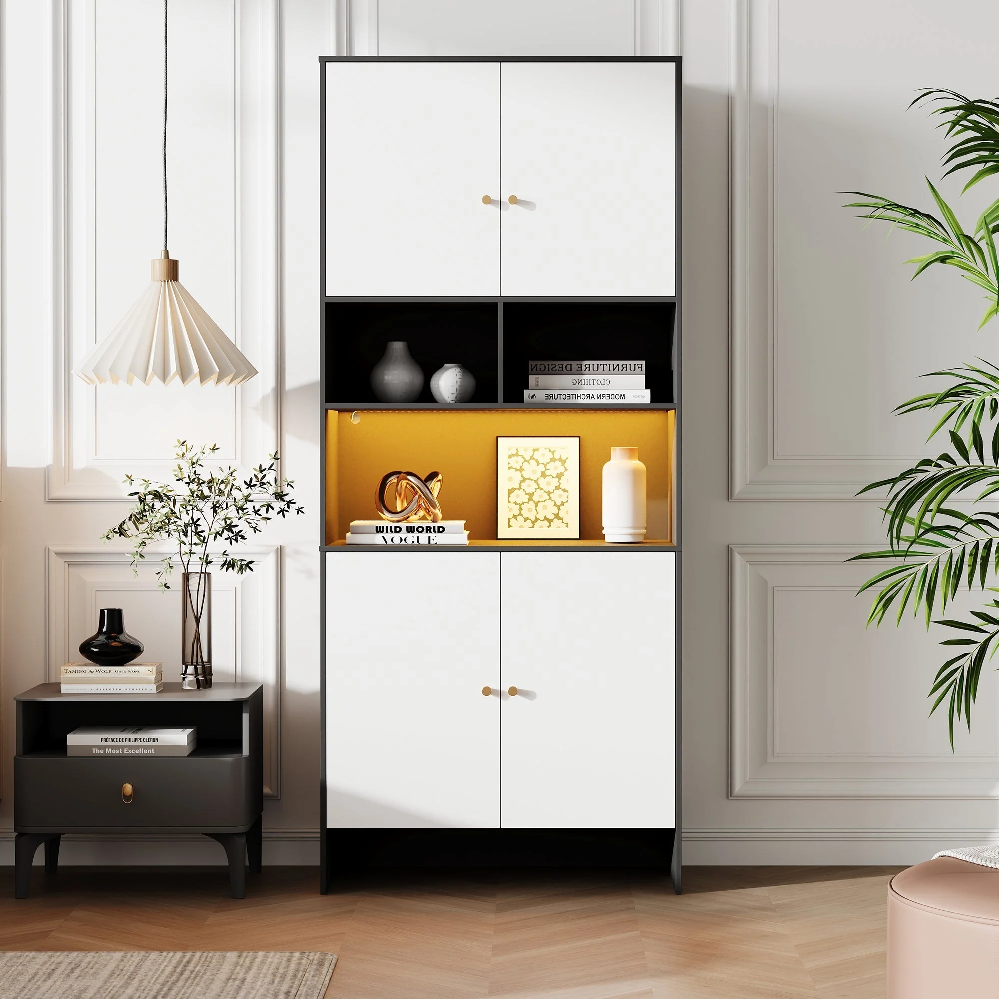 Multi-purpose Cabinet with 4 Doors and 3 Open Compartments, Black and White Wood - Image 2