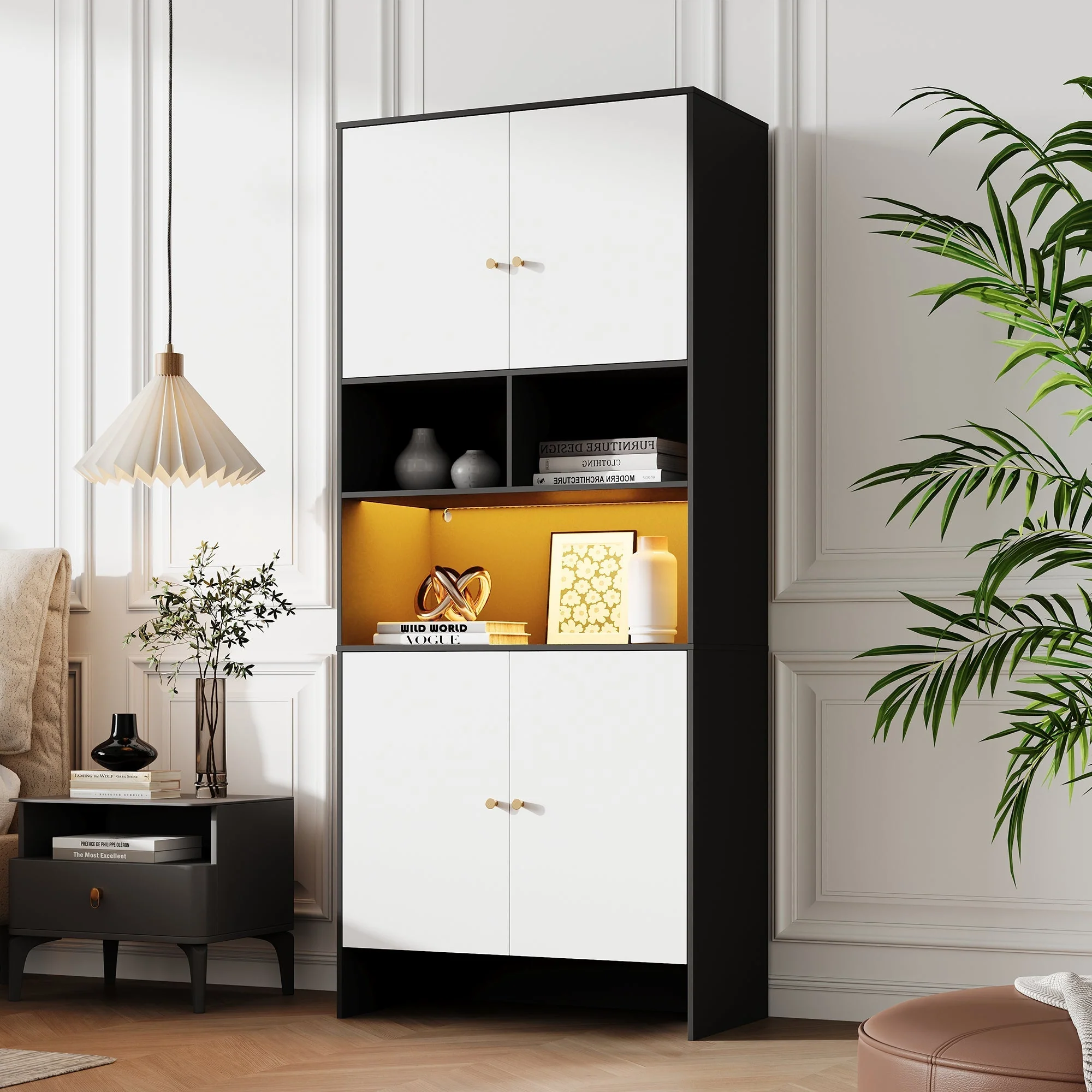Multi-purpose Cabinet with 4 Doors and 3 Open Compartments, Black and White Wood - Image 3