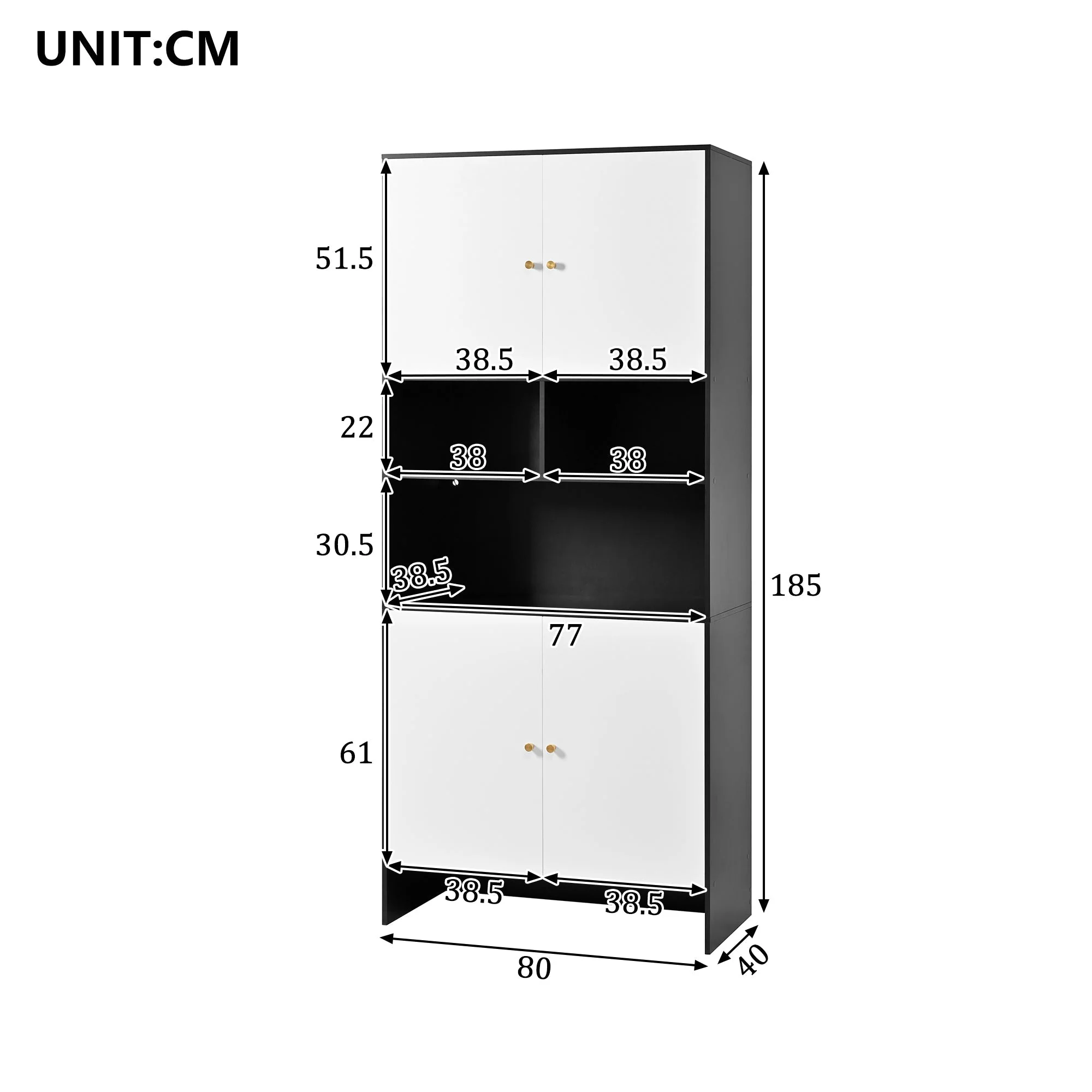 Multi-purpose Cabinet with 4 Doors and 3 Open Compartments, Black and White Wood - Image 7