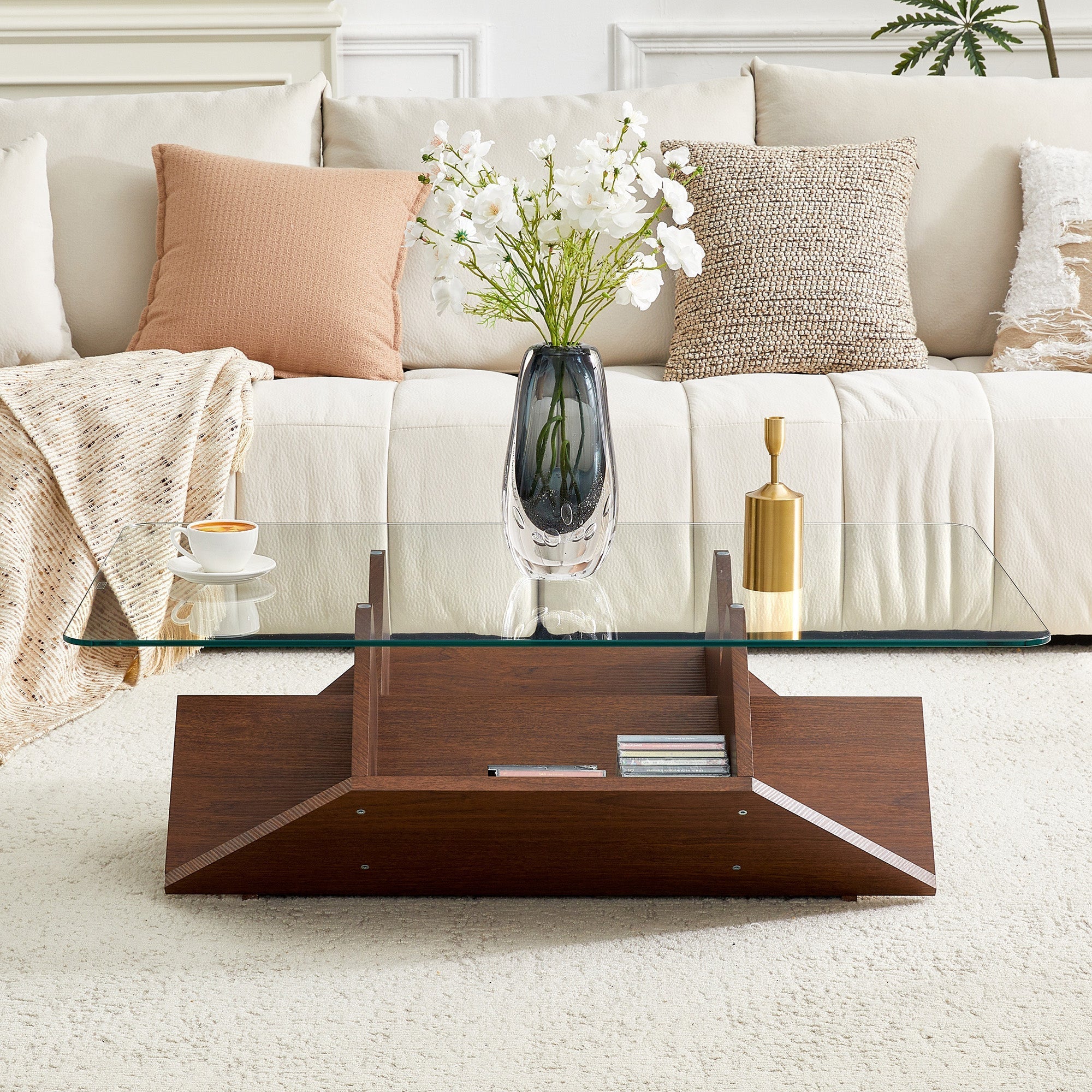 Multi-Storage Coffee Table with Tempered Glass and Spacious Compartments, Walnut Finish MDF - Image 4