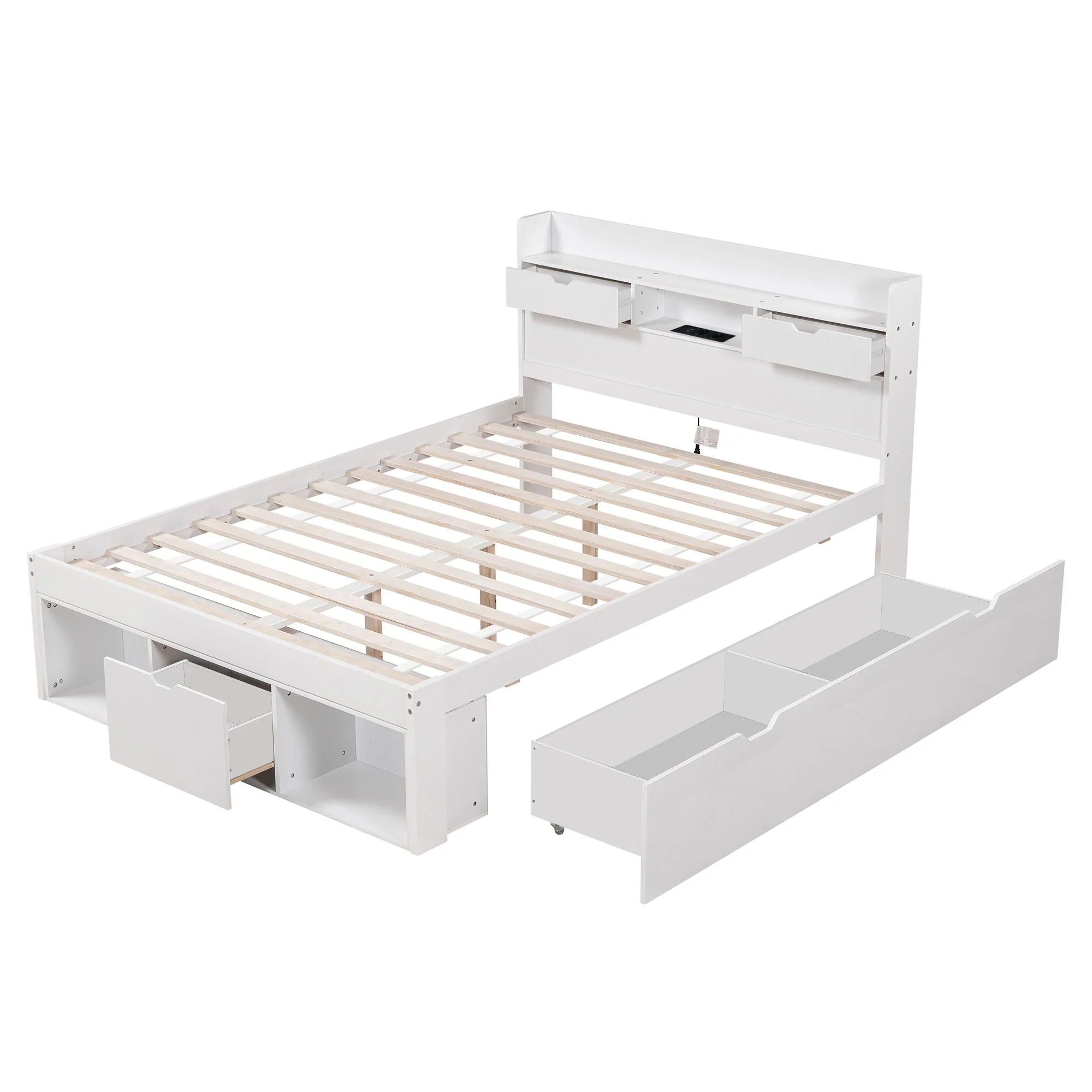 Multifunction Double Bed 135x190cm USB Port Drawers Storage - White - Image 10
