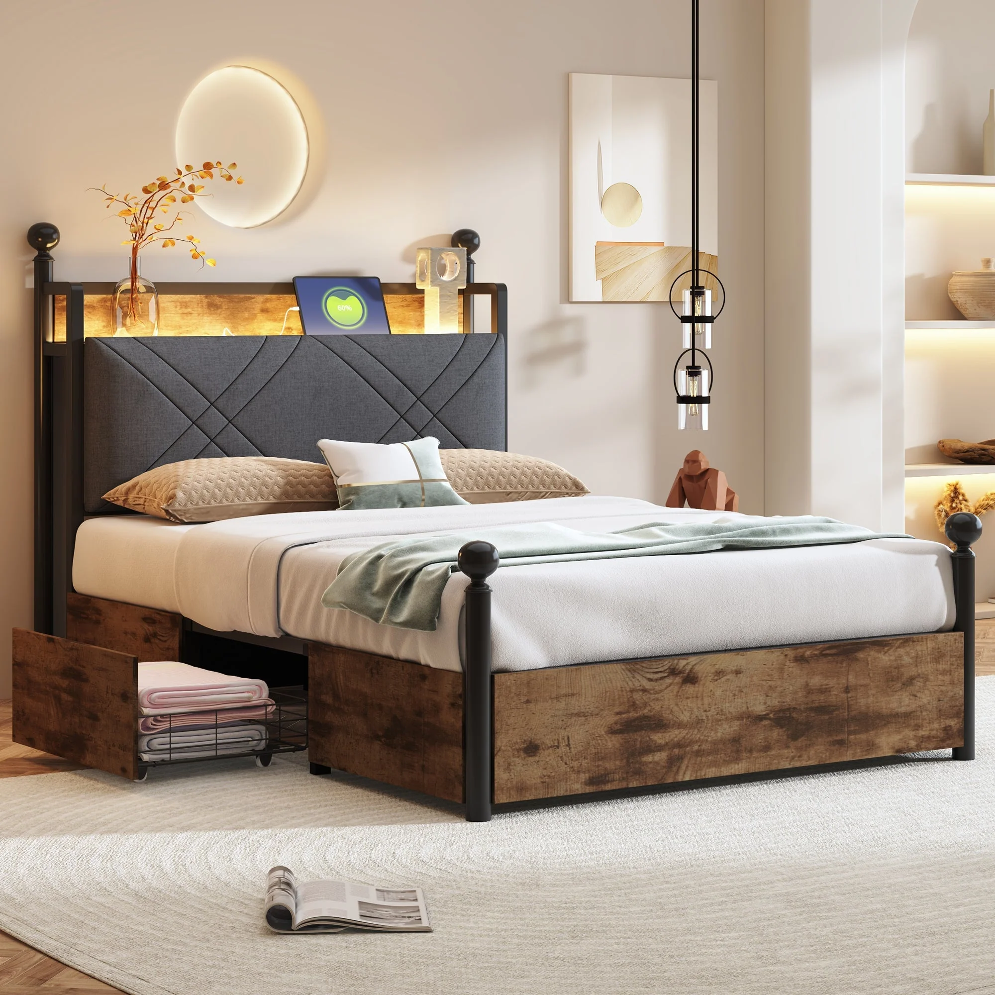 Multifunctional Bed 90x190cm, Storage, Wrought Iron Canopy, LED/USB Ports, Iron - Image 3