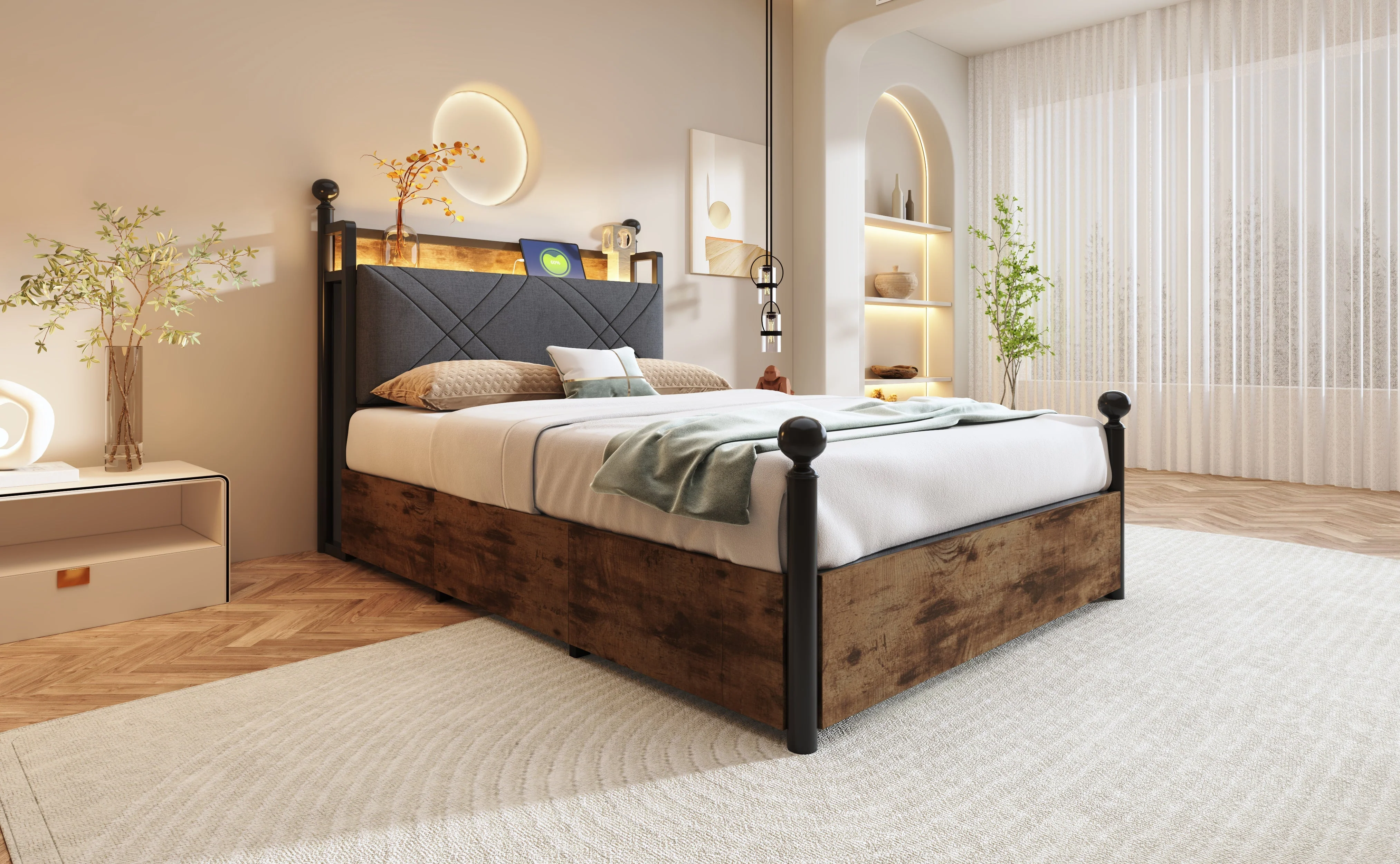 Multifunctional Bed 90x190cm, Storage, Wrought Iron Canopy, LED/USB Ports, Iron - Image 7