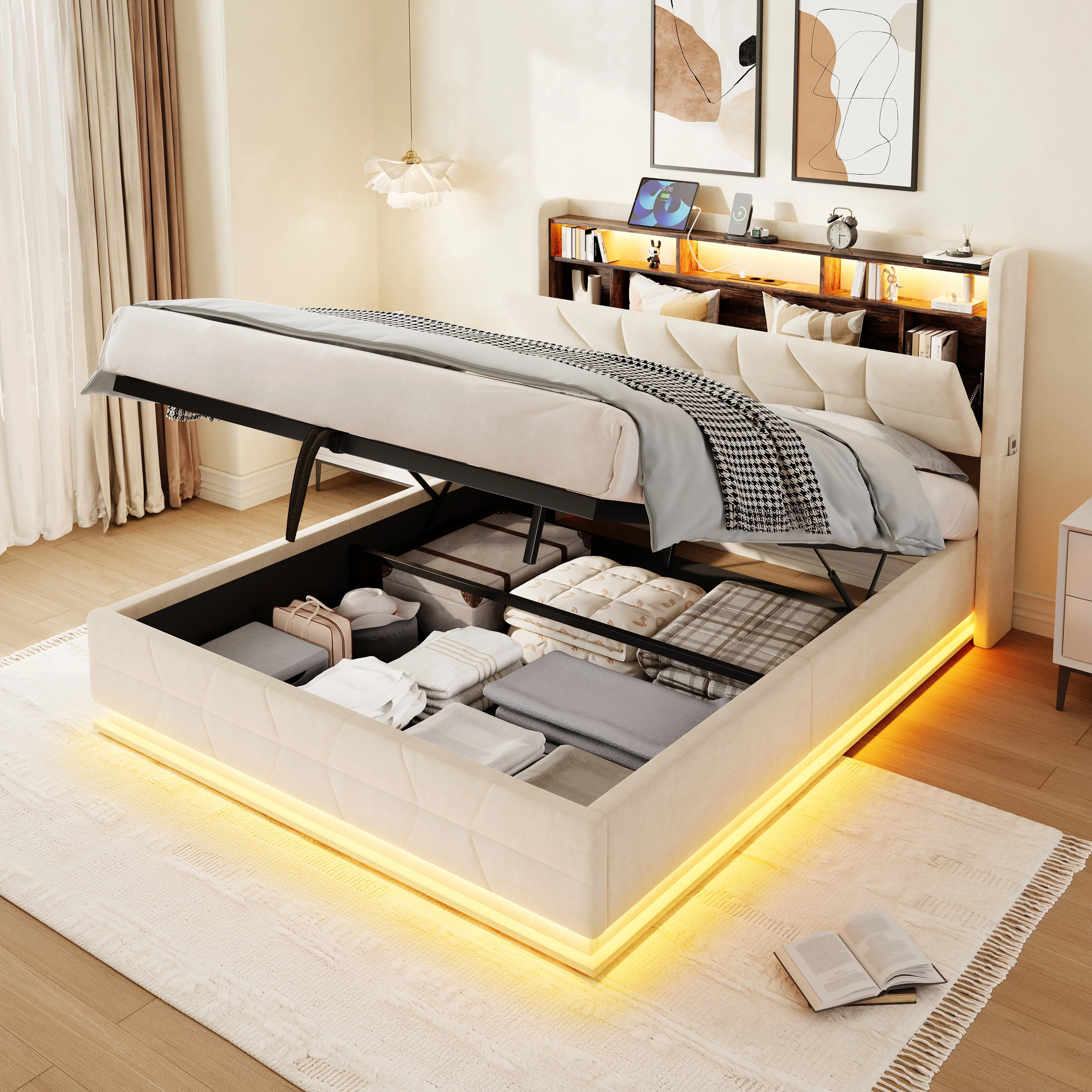 Multifunctional Bed with LED, Charging Station and Storage, Beige