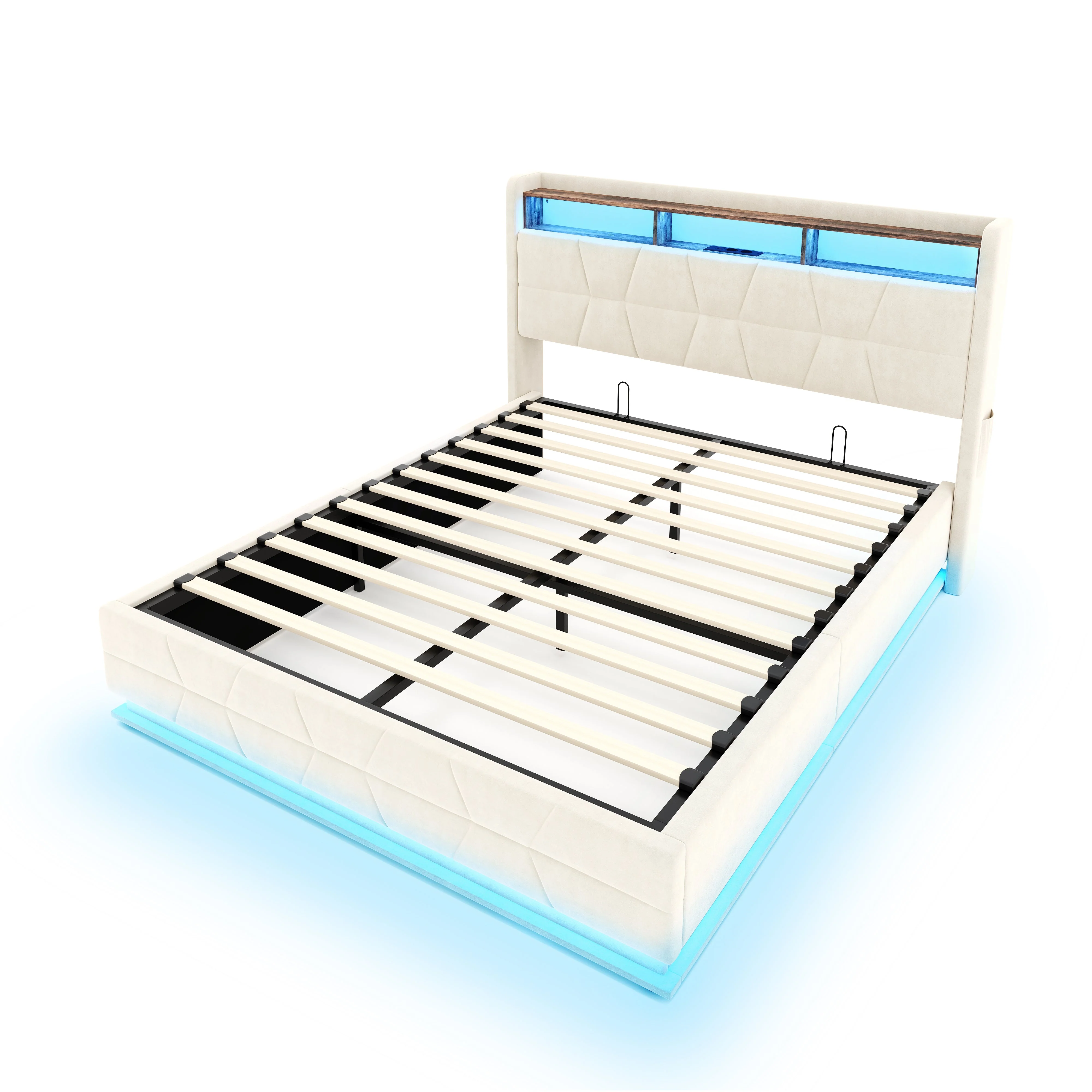 Multifunctional Bed with LED, Charging Station and Storage, Beige - Image 10