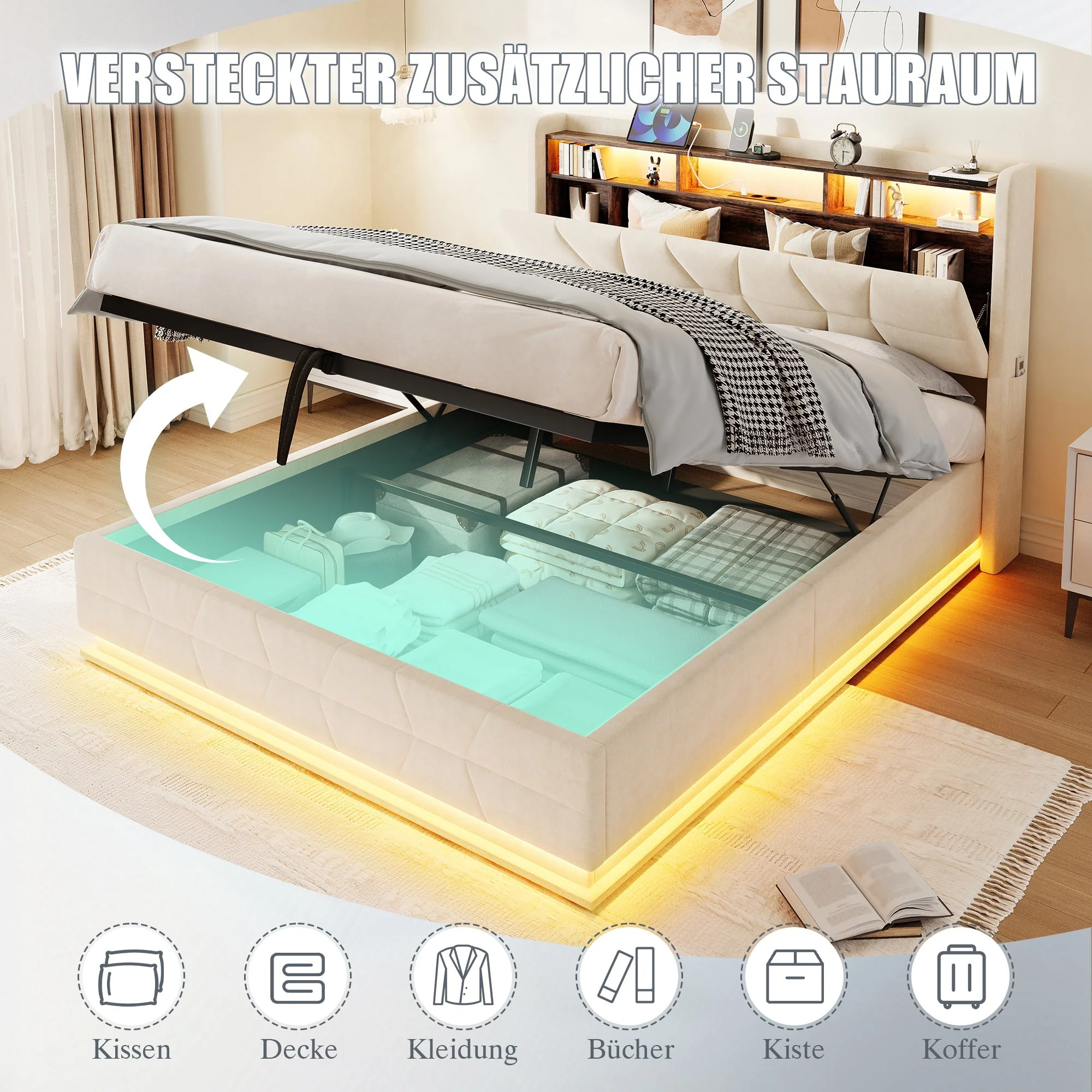 Multifunctional Bed with LED, Charging Station and Storage, Beige - Image 4
