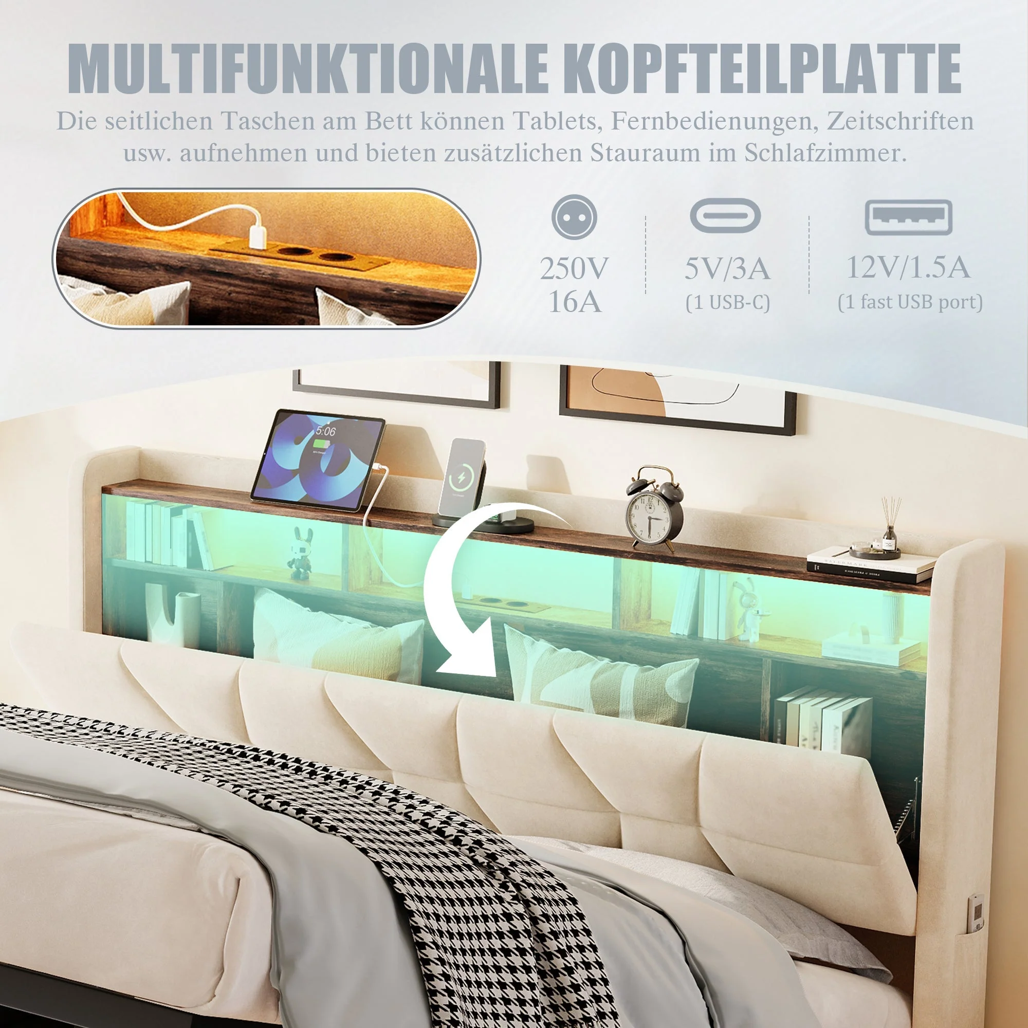 Multifunctional Bed with LED, Charging Station and Storage, Beige - Image 5