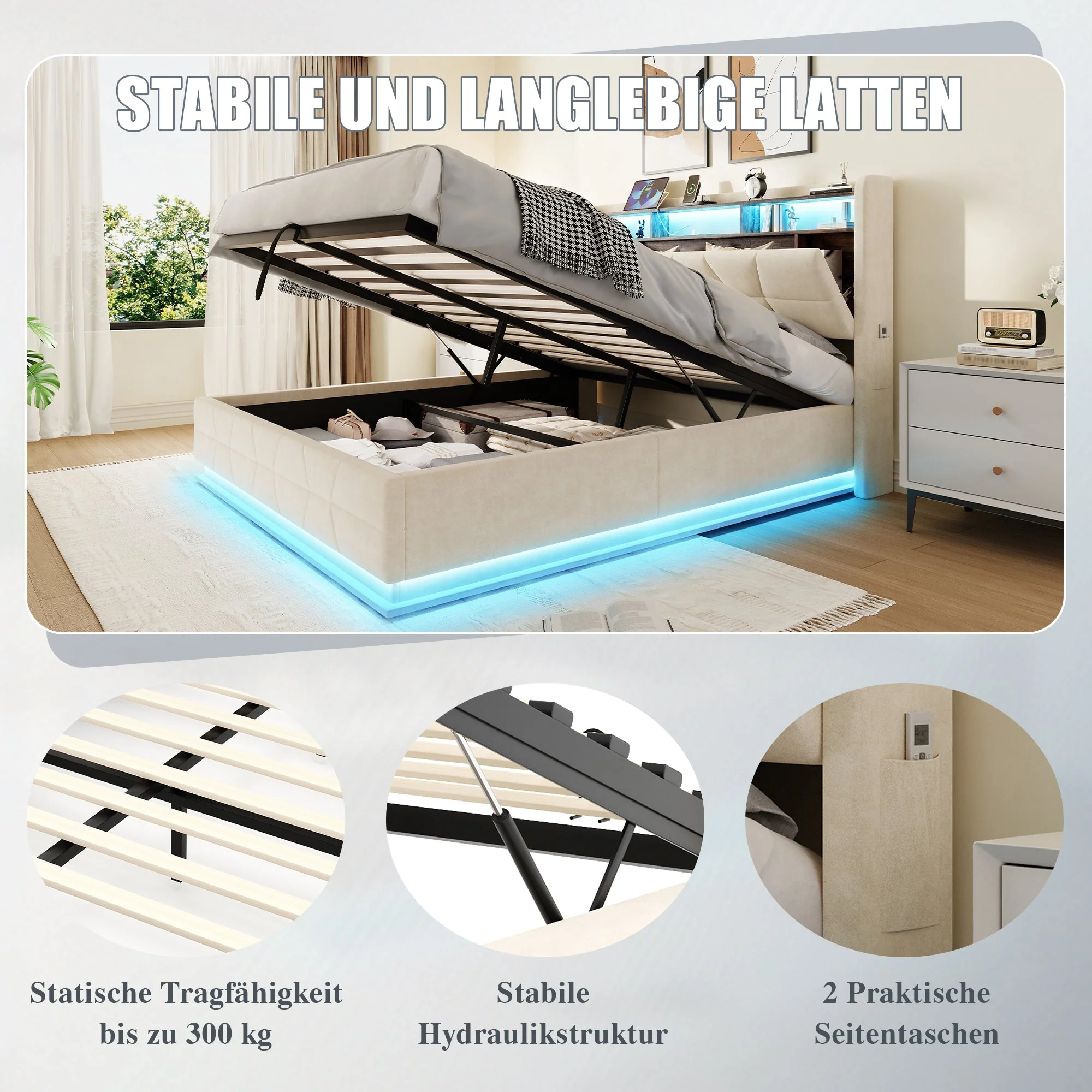 Multifunctional Bed with LED, Charging Station and Storage, Beige - Image 6