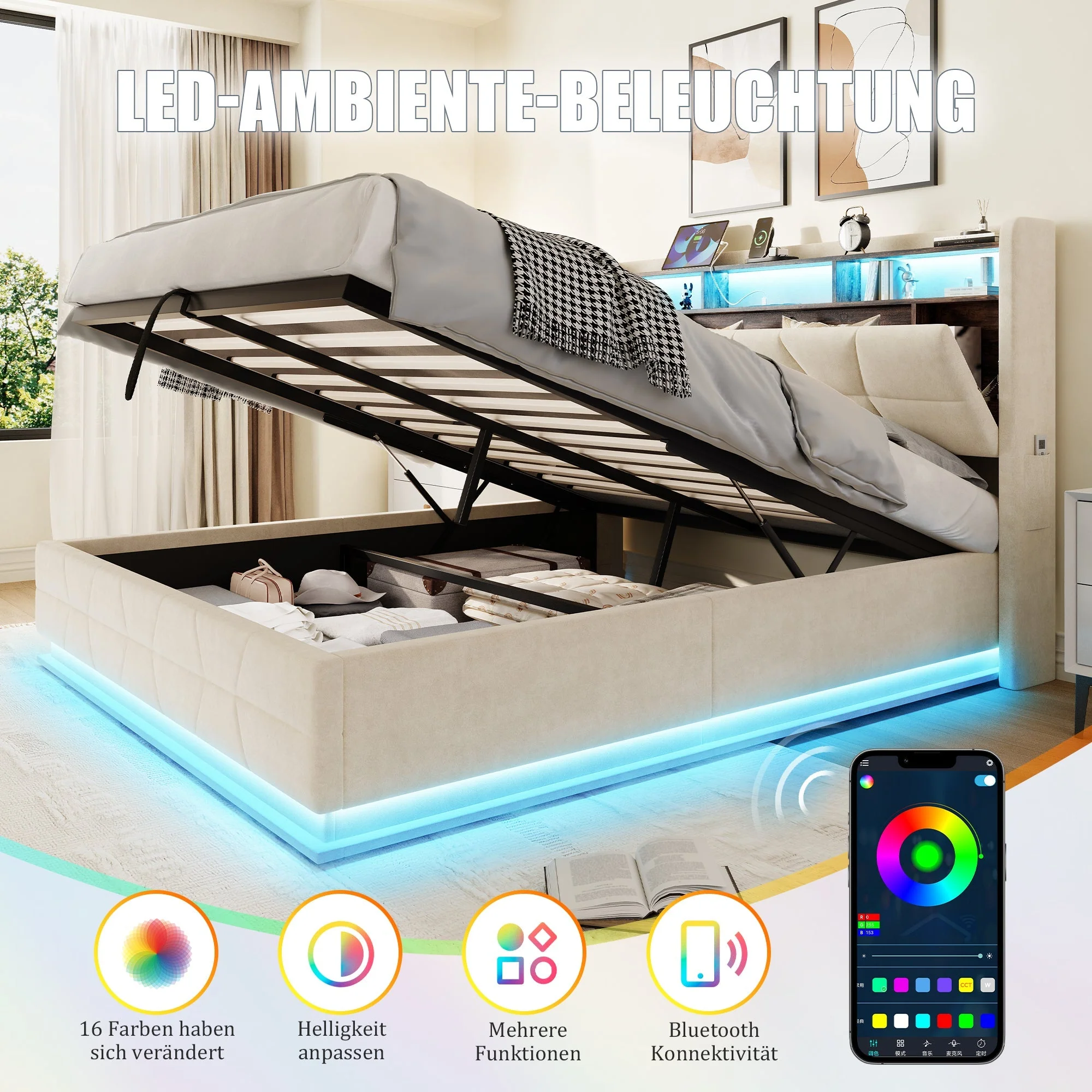 Multifunctional Bed with LED, Charging Station and Storage, Beige - Image 8