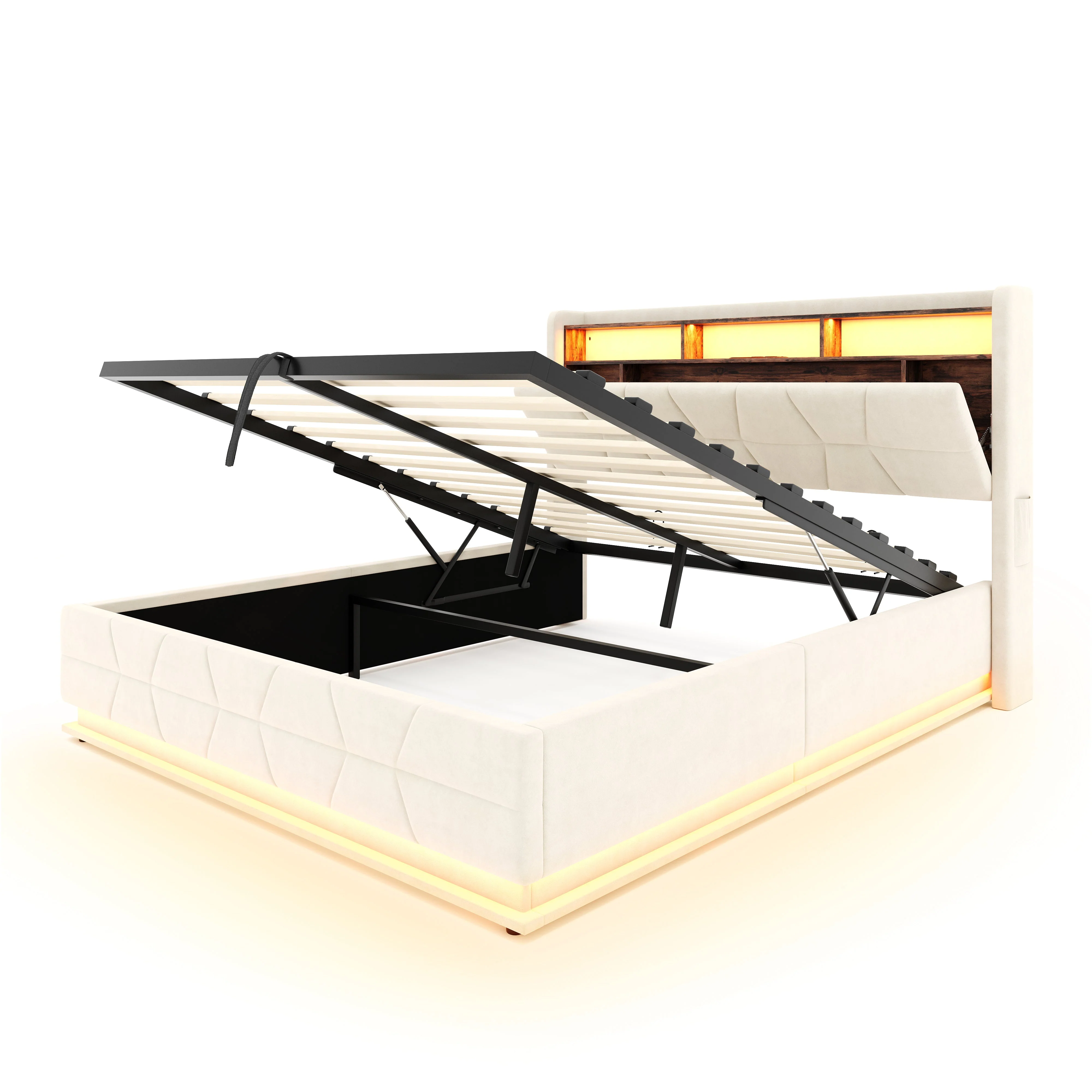 Multifunctional Bed with LED Lighting and USB Charging Station, 140x190cm, Beige - Image 10