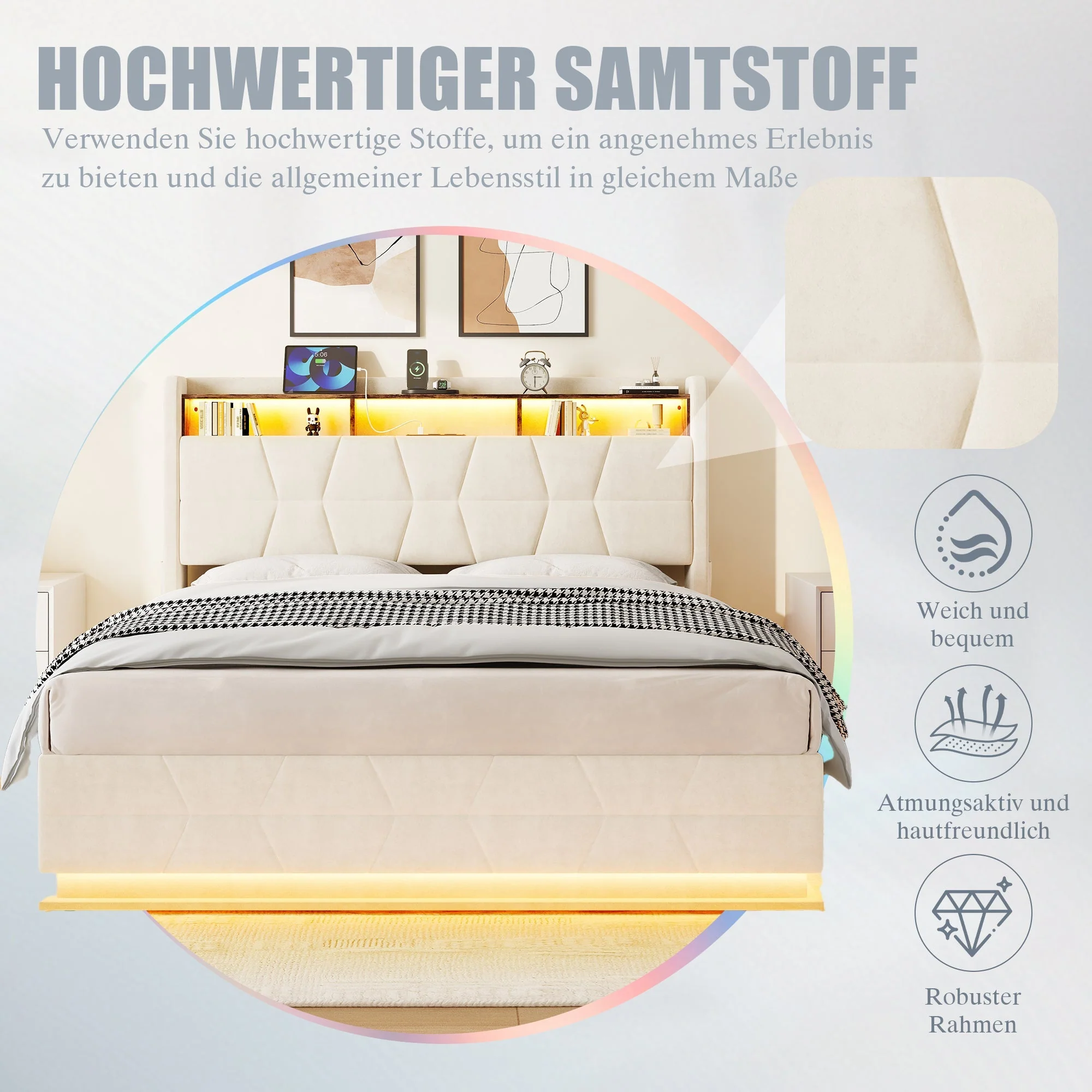 Multifunctional Bed with LED Lighting and USB Charging Station, 140x190cm, Beige - Image 9