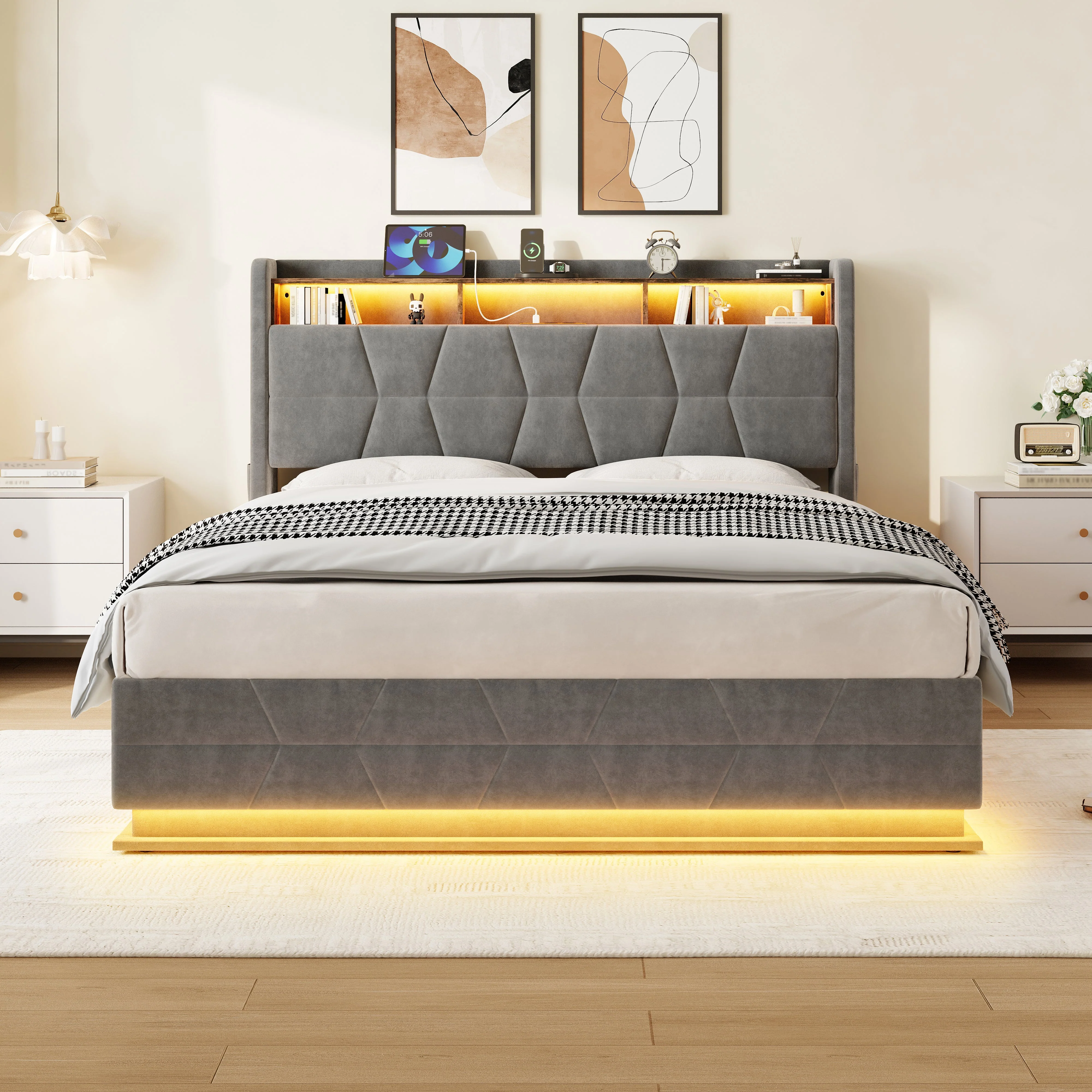 Multifunctional Bed with LED Lighting, Storage Headboard and USB Charging, 160x200cm Dark Grey Velvet - Image 3
