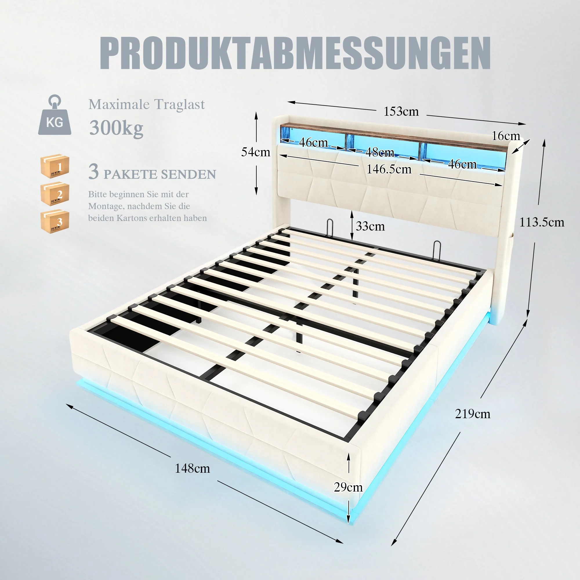 Multifunctional Bed with LED Lighting, Storage Headboard and USB Charging Station, 140x200cm, Beige - Image 2