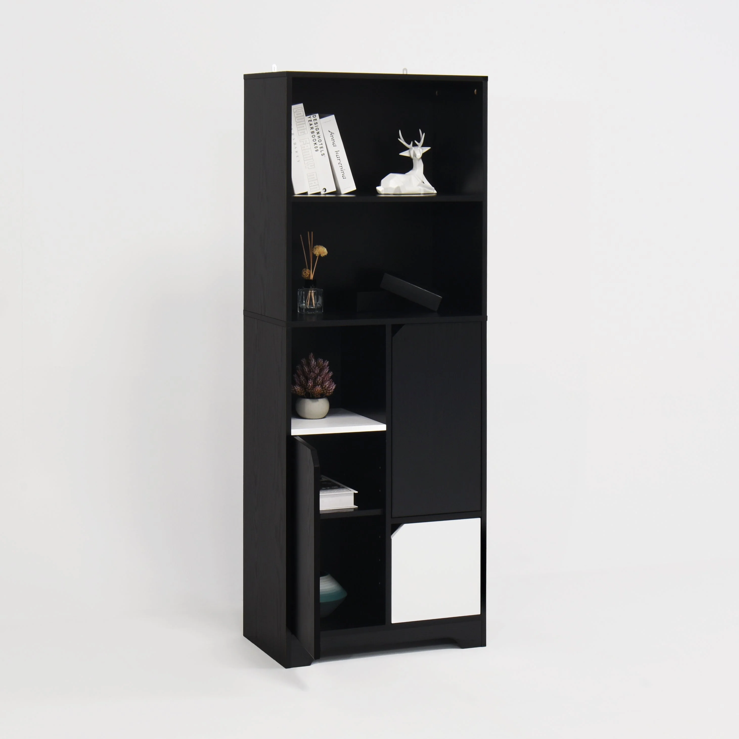 Multifunctional Bookcase with Open Storage, Doors & Drawers - Black/White - Image 10