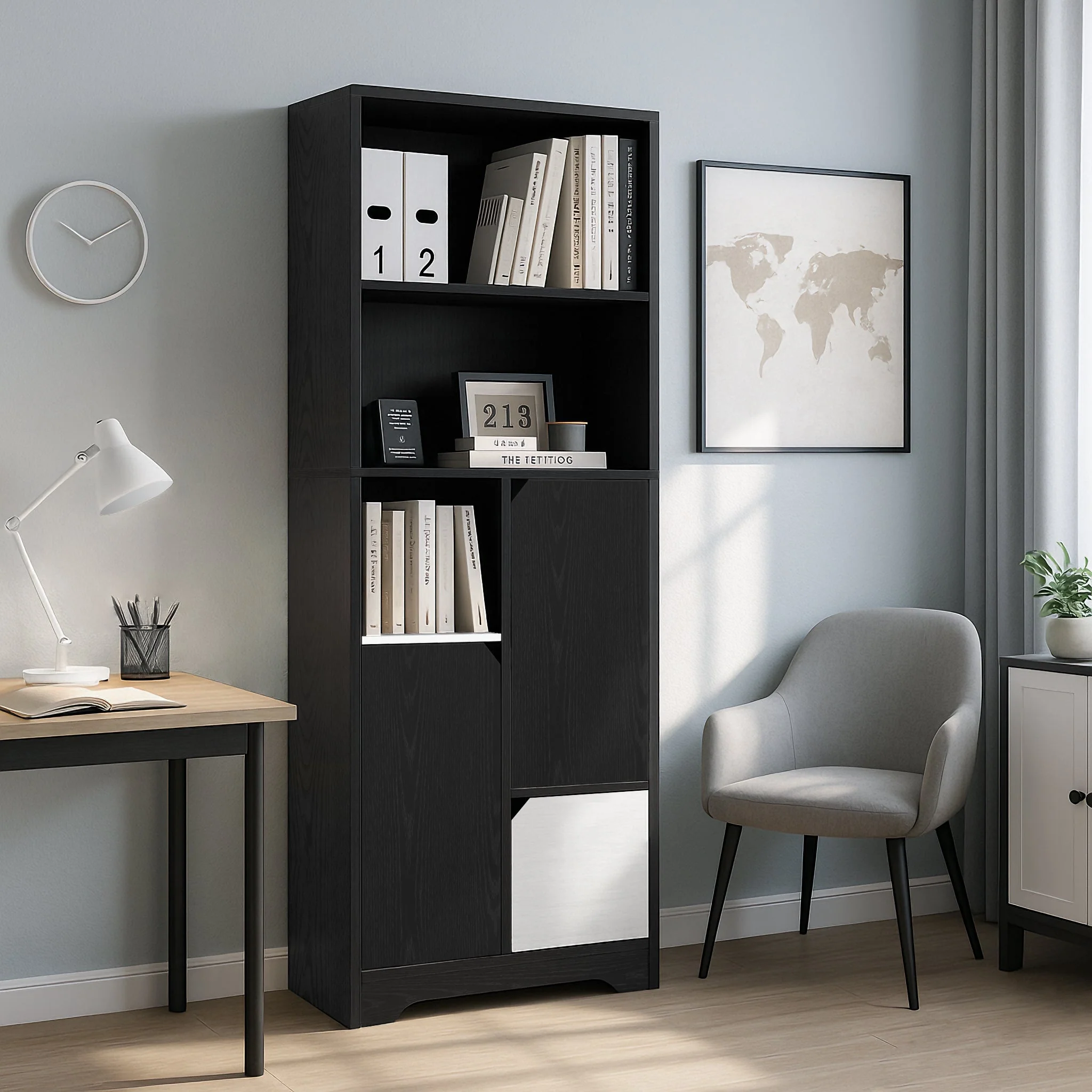 Multifunctional Bookcase with Open Storage, Doors & Drawers - Black/White - Image 4