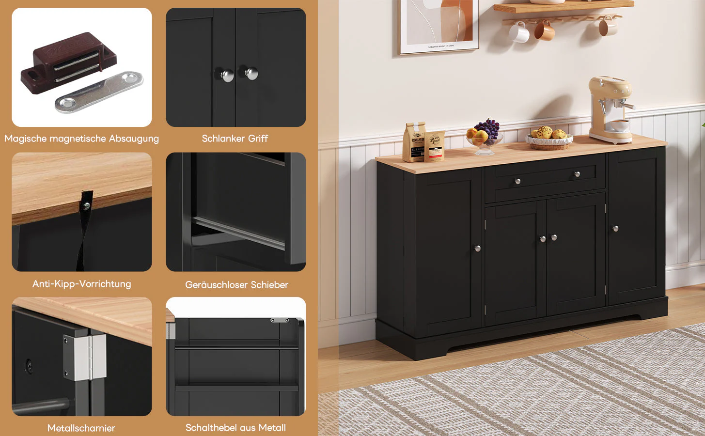 Multifunctional Buffet 138cm with Drawer & Adjustable Shelves - Image 10