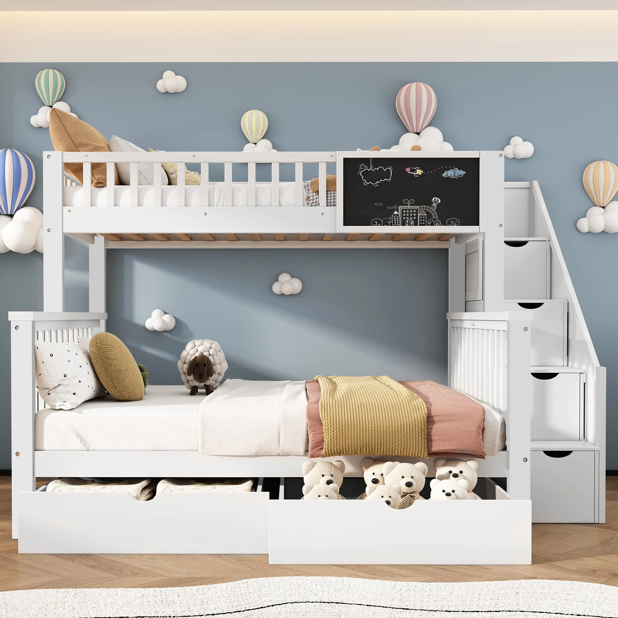 Multifunctional Bunk Bed with Chalkboard and Drawers, 90x200cm and 140x200cm, White - Image 2
