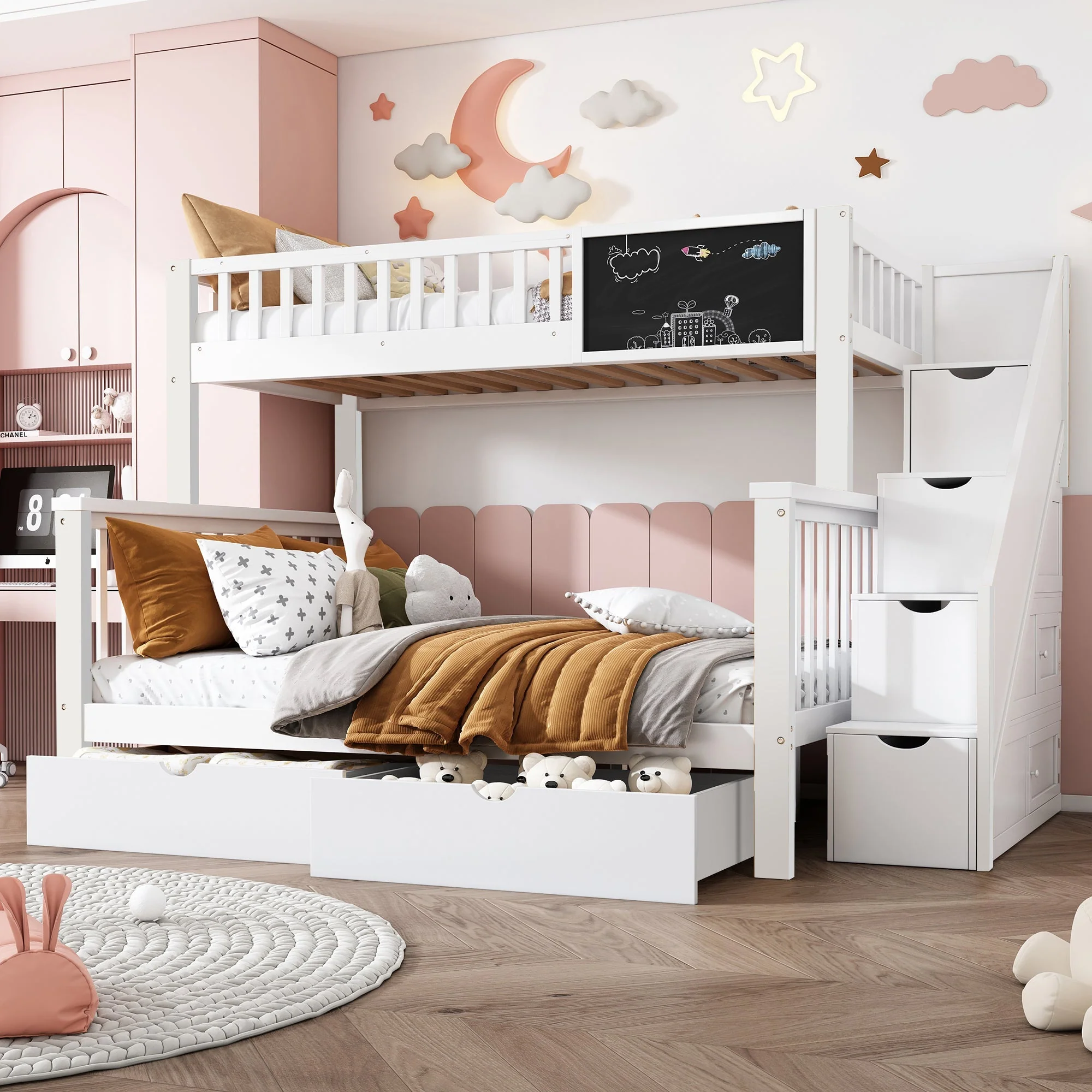 Multifunctional Bunk Bed with Chalkboard and Drawers, 90x200cm and 140x200cm, White - Image 4