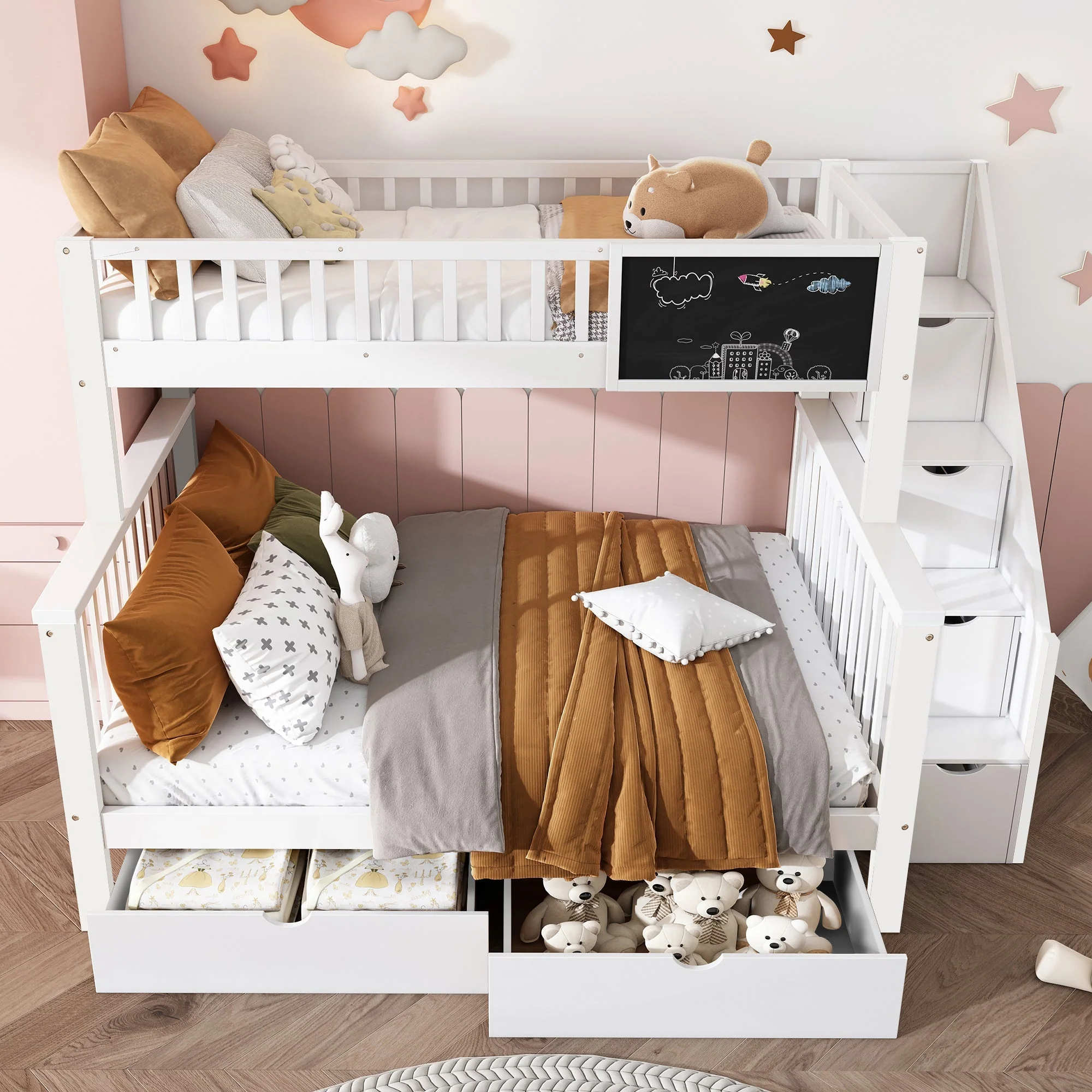 Multifunctional Bunk Bed with Chalkboard and Drawers, 90x200cm and 140x200cm, White - Image 5