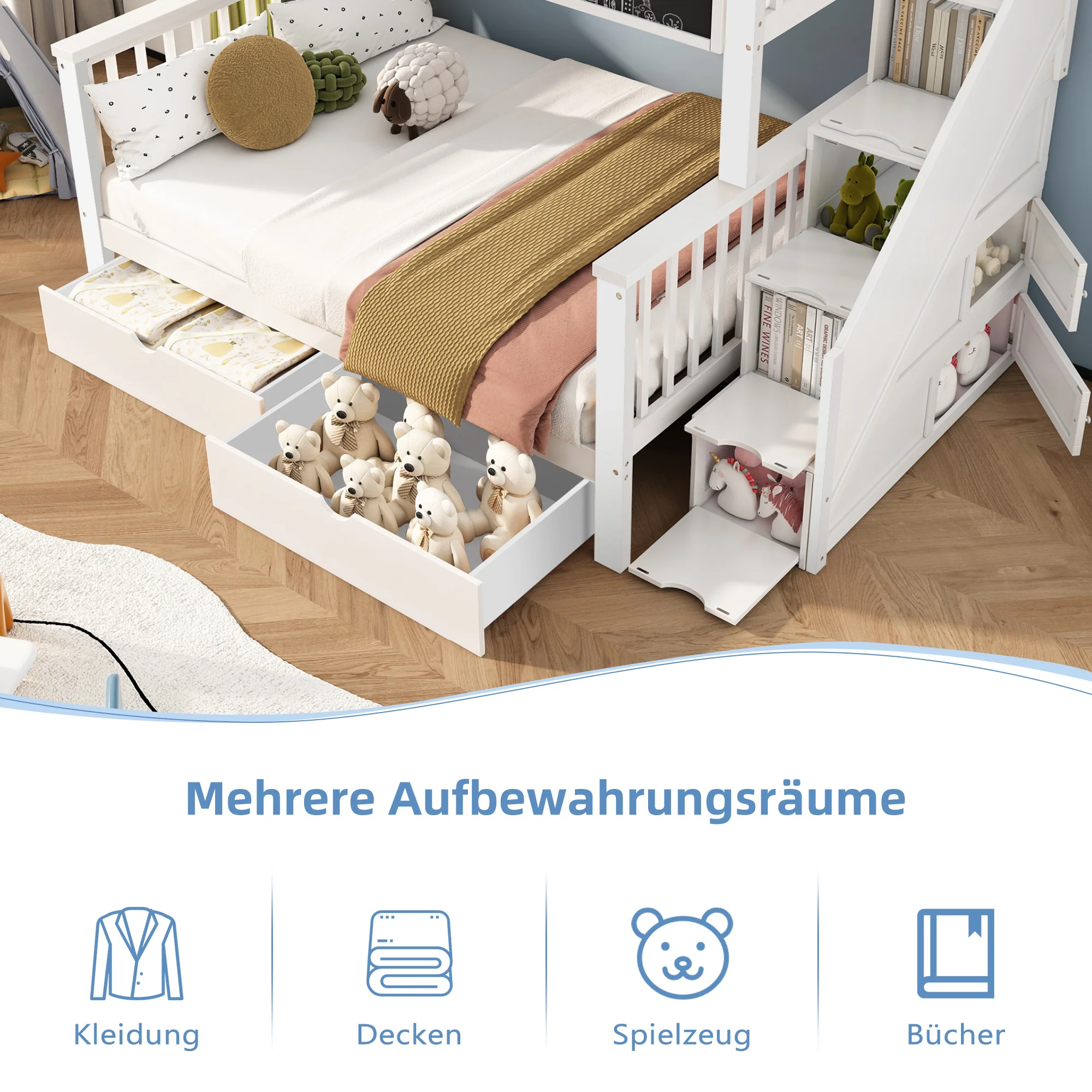 Multifunctional Bunk Bed with Chalkboard and Drawers, 90x200cm and 140x200cm, White - Image 7