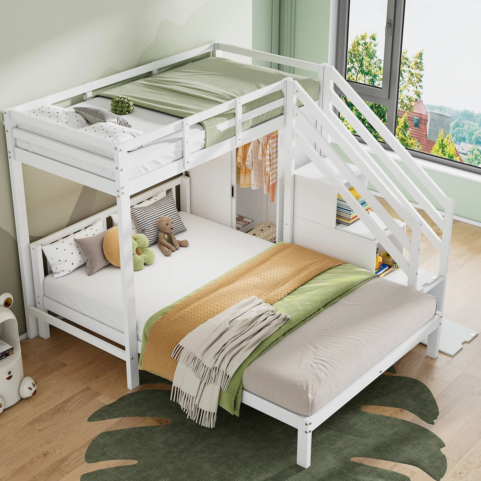 Multifunctional Bunk Bed with Wardrobe and Storage Stairs, 90x200cm and 140x200cm, White Solid Wood and MDF