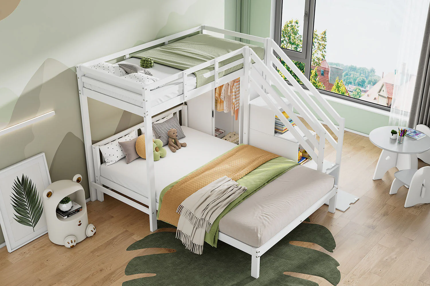 Multifunctional Bunk Bed with Wardrobe and Storage Stairs, 90x200cm and 140x200cm, White Solid Wood and MDF - Image 5